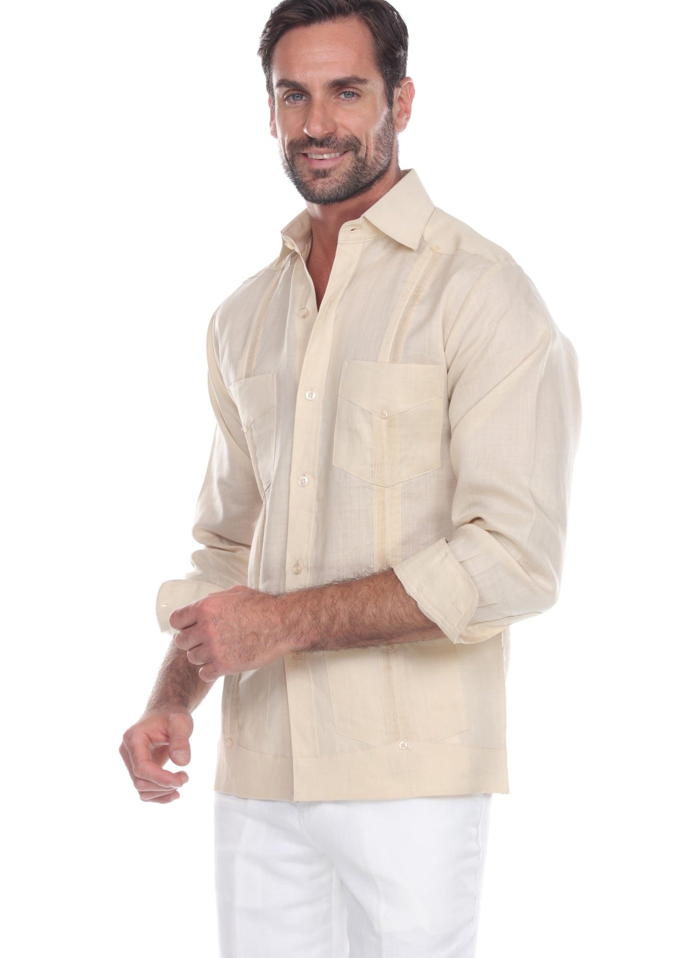 A man smiles wearing a beige long-sleeve 4-pocket Men’s Big & Tall Guayabera Shirt.