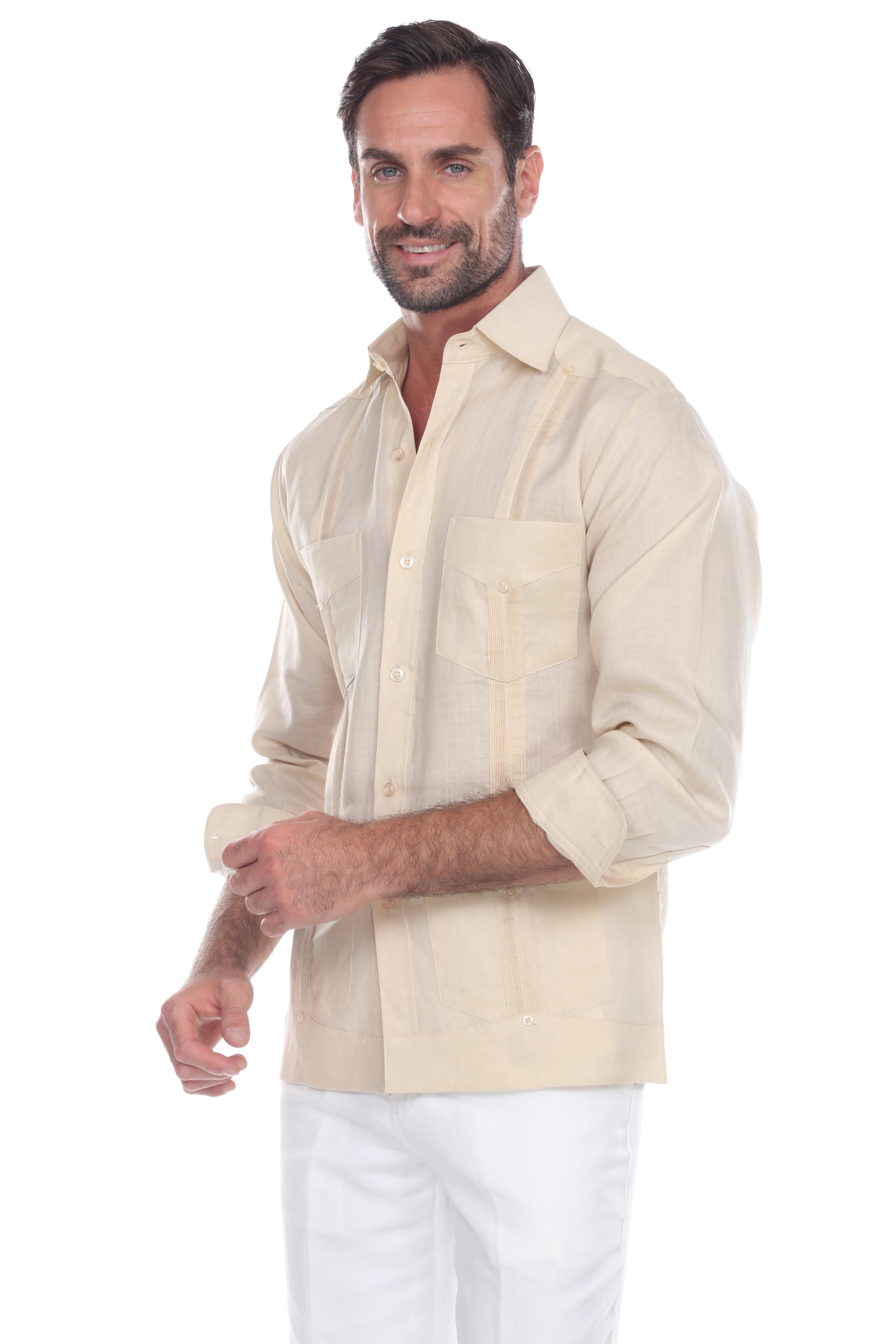 Men's 100% Linen Classic Four-Pocket Long Sleeve Guayabera Shirt