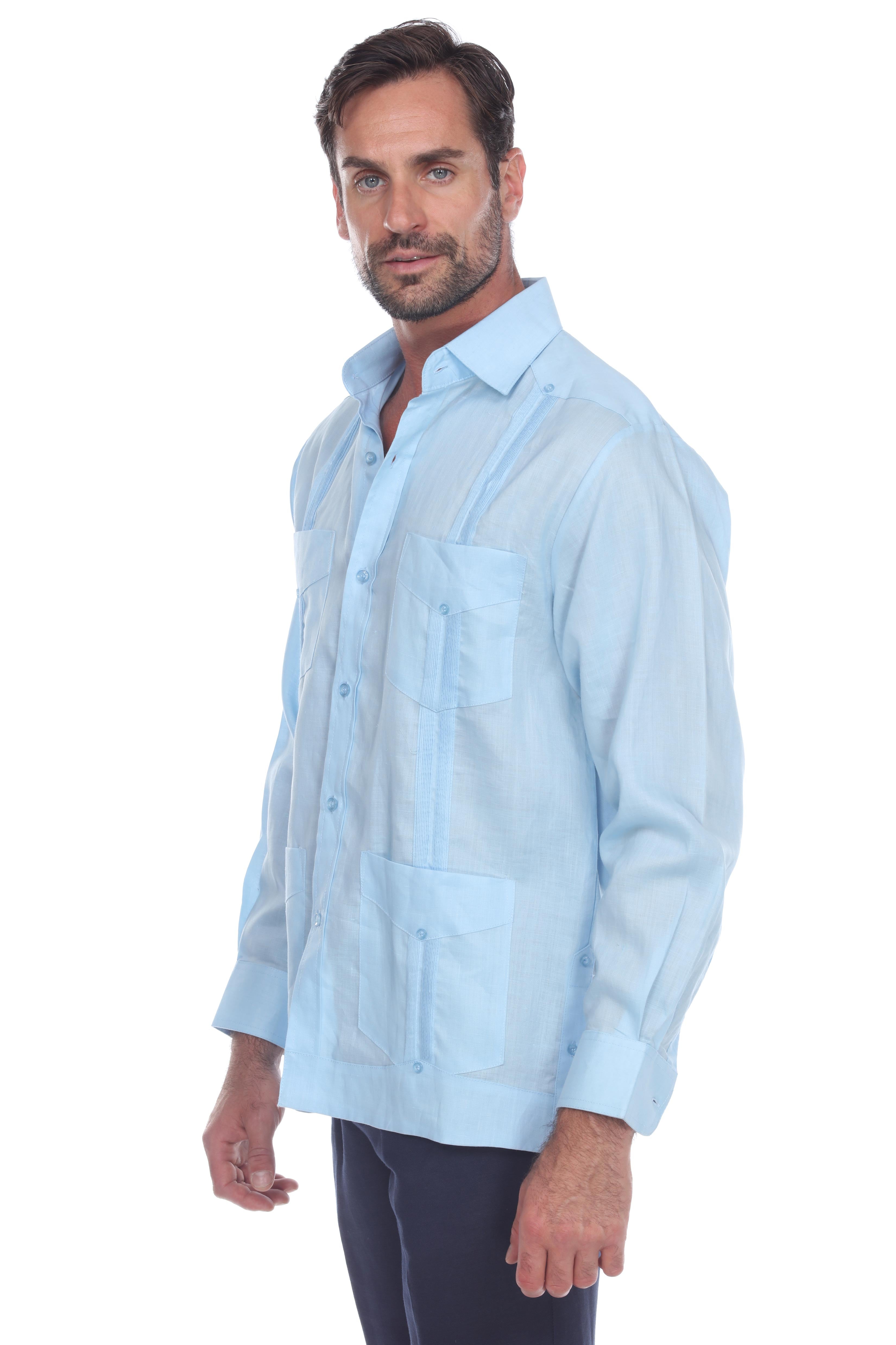 Men's 100% Linen Classic Four-Pocket Long Sleeve Guayabera Shirt