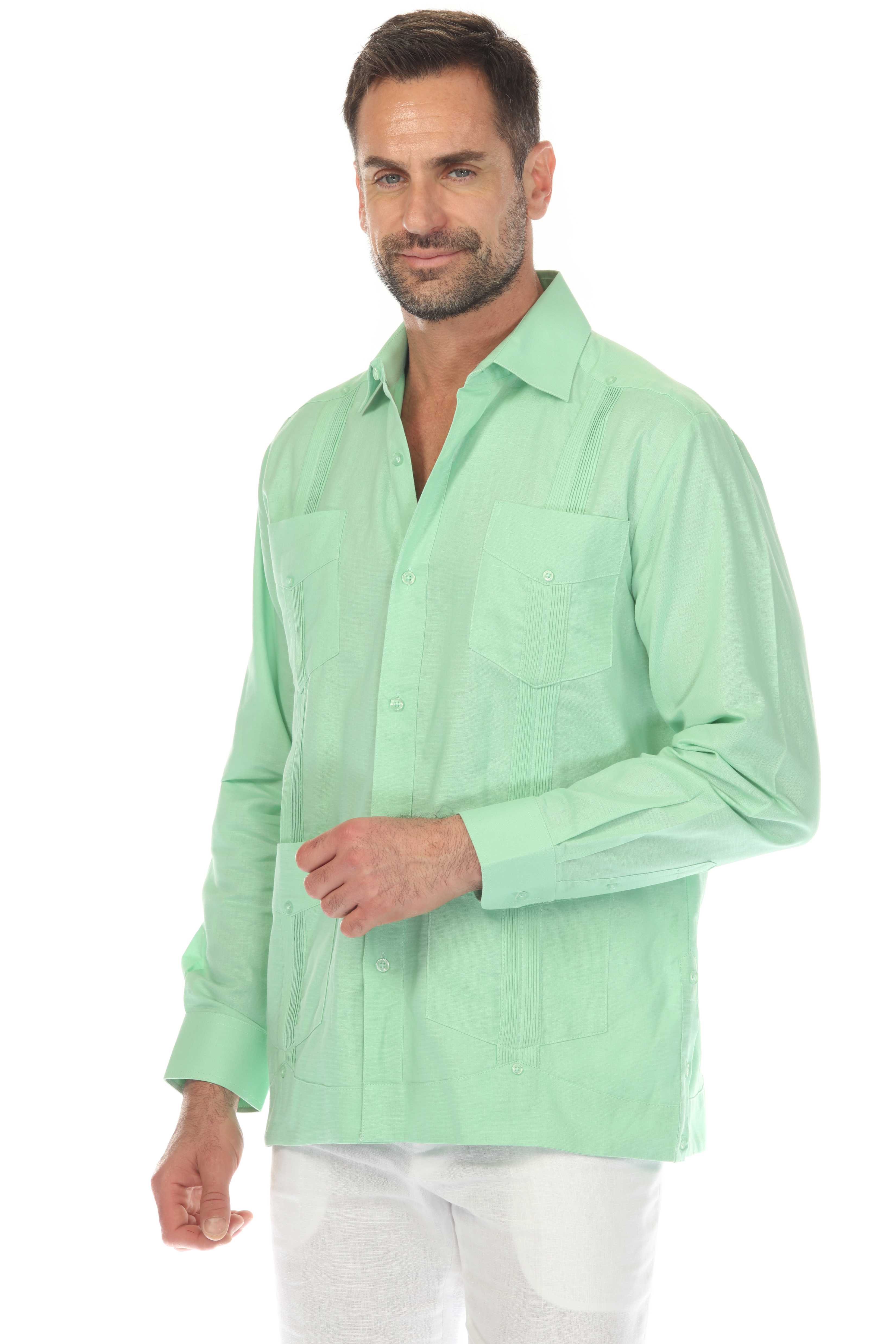 Camisa guayabera de manga larga con cuatro bolsillos para hombre, 100 % lino