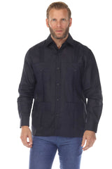 Camisa Guayabera de Lino 100% de Talla Grande con Cuatro Bolsillos y Manga Larga