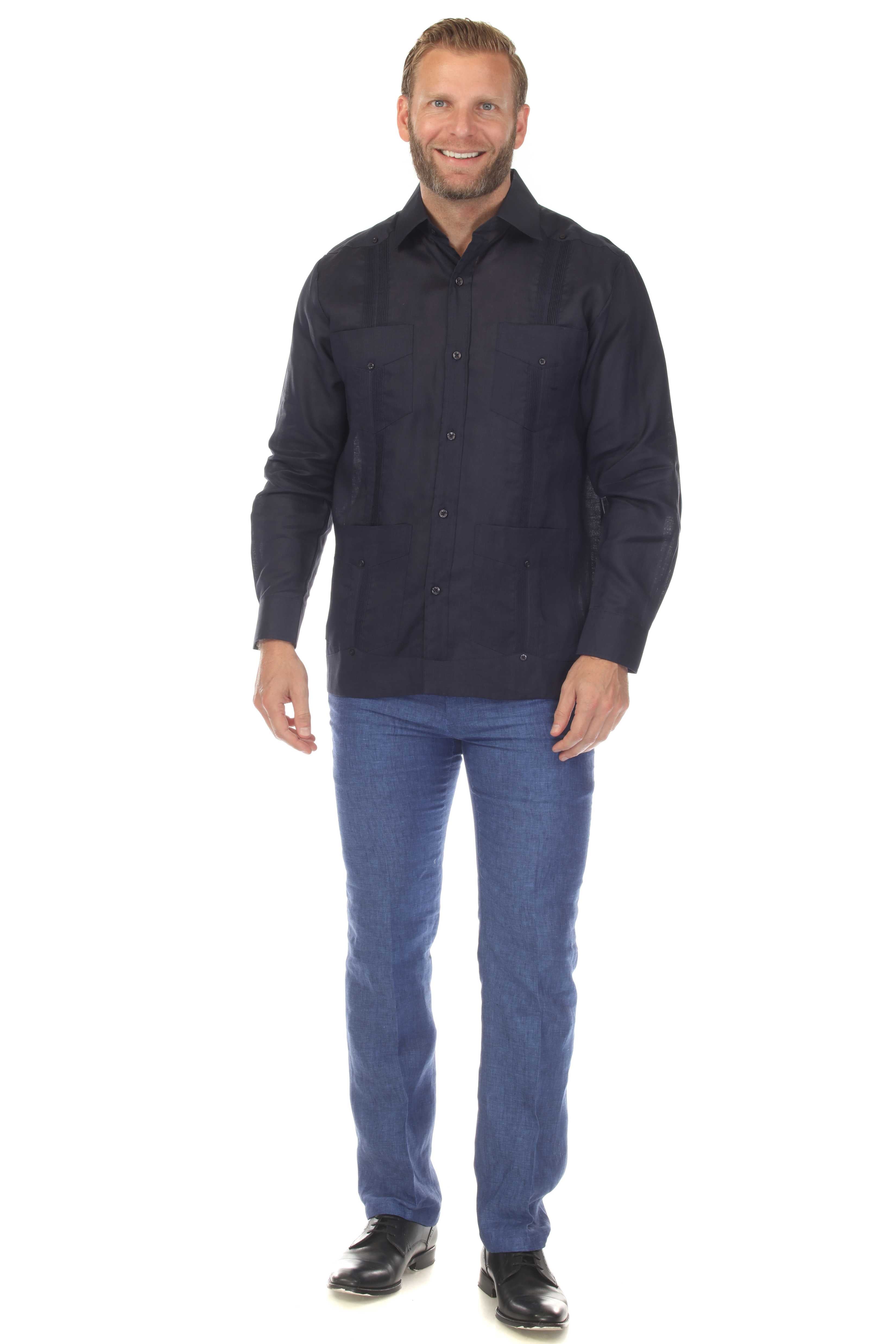 Men's 100% Linen Classic Four-Pocket Long Sleeve Guayabera Shirt