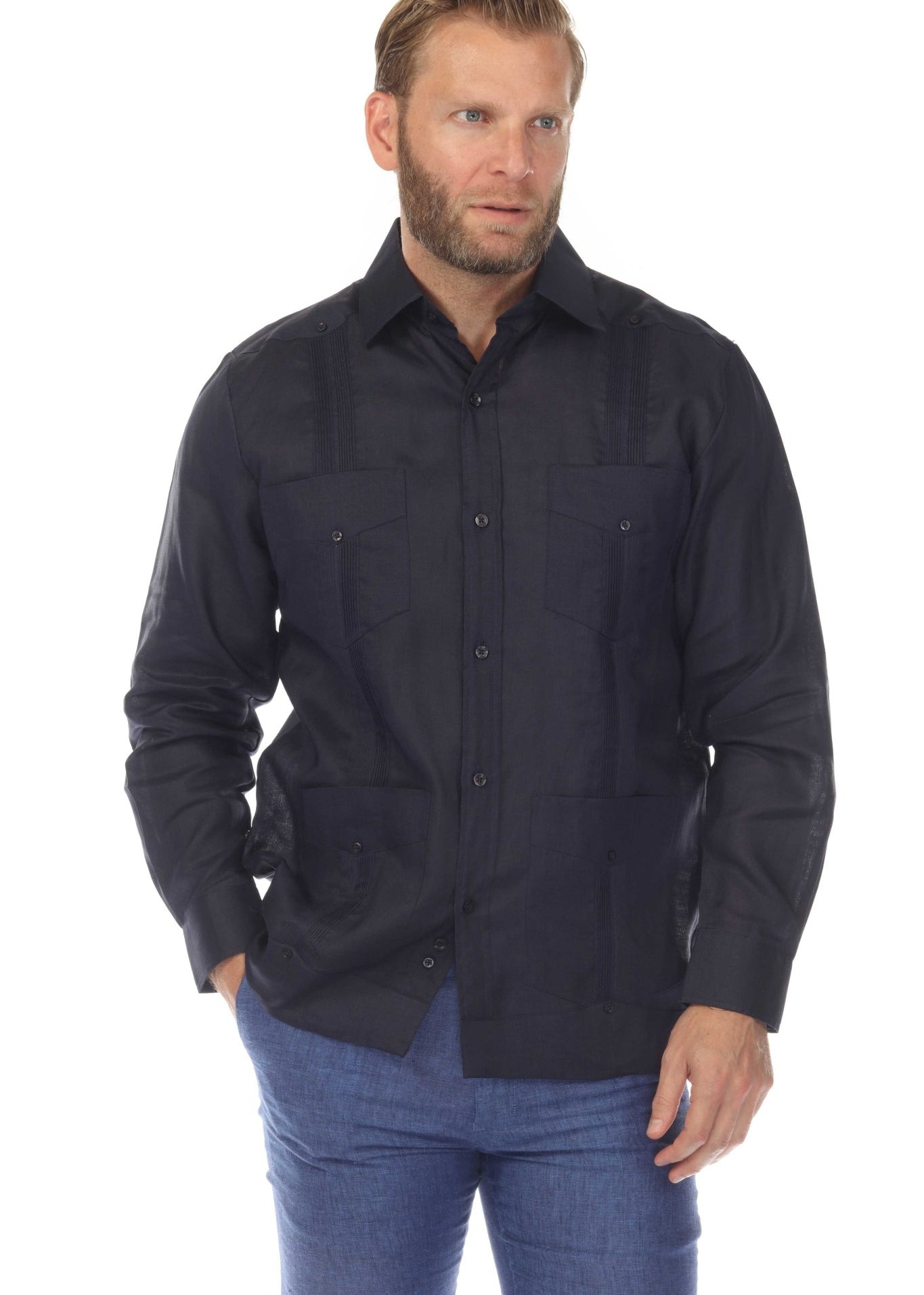 Front view of a man wearing a navy Men's Linen Classic Four-Pocket Long Sleeve Guayabera Shirt.
