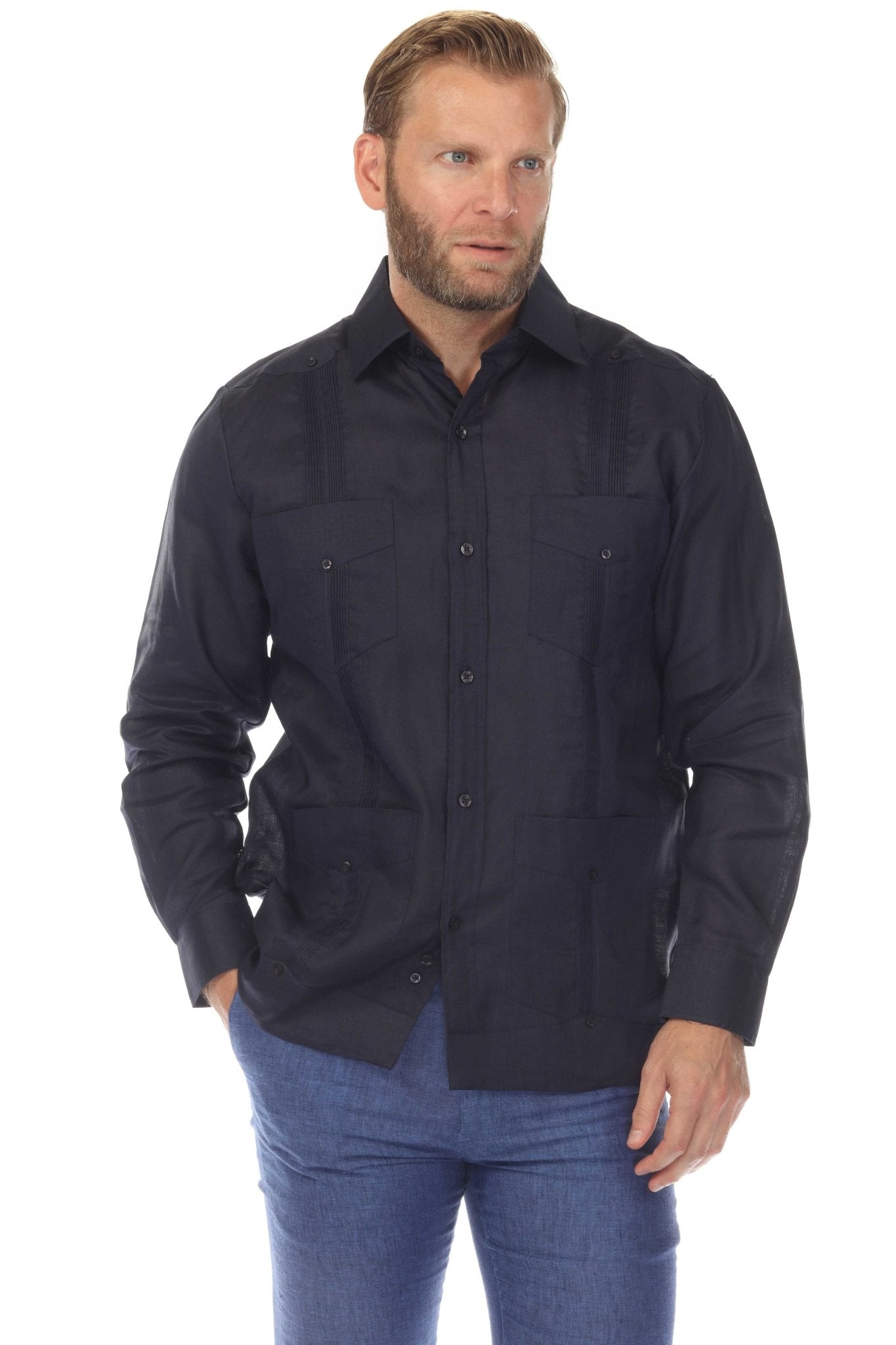 Front view of a man wearing a navy Men's Linen Classic Four-Pocket Long Sleeve Guayabera Shirt.