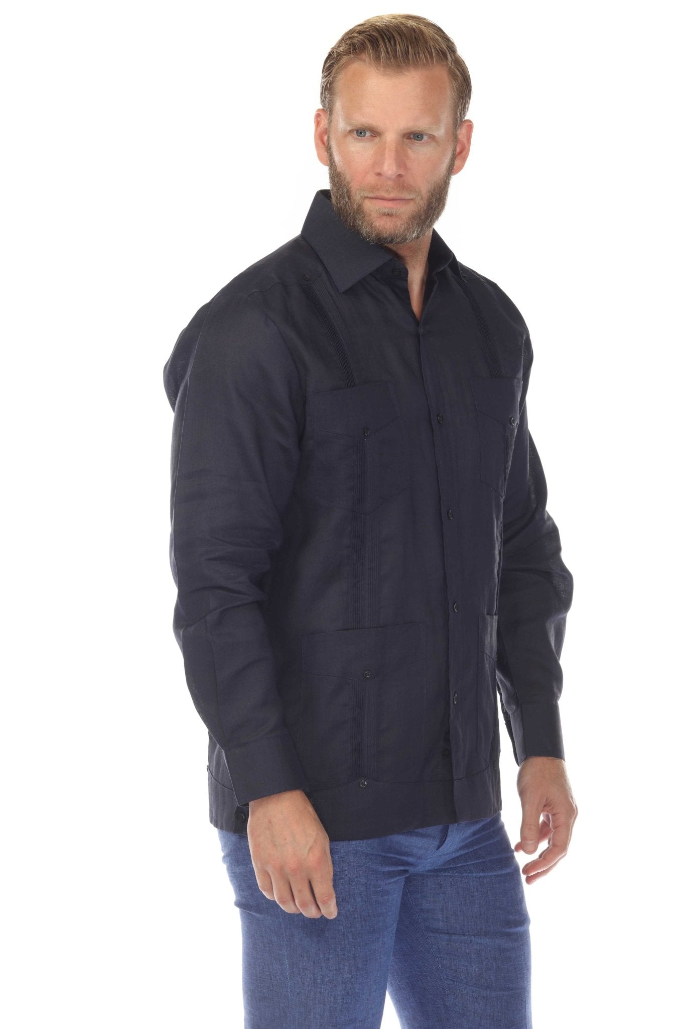 Men's 100% Linen Classic Four-Pocket Long Sleeve Guayabera Shirt