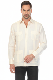 Men's 100% Linen Classic Four-Pocket Long Sleeve Guayabera Shirt