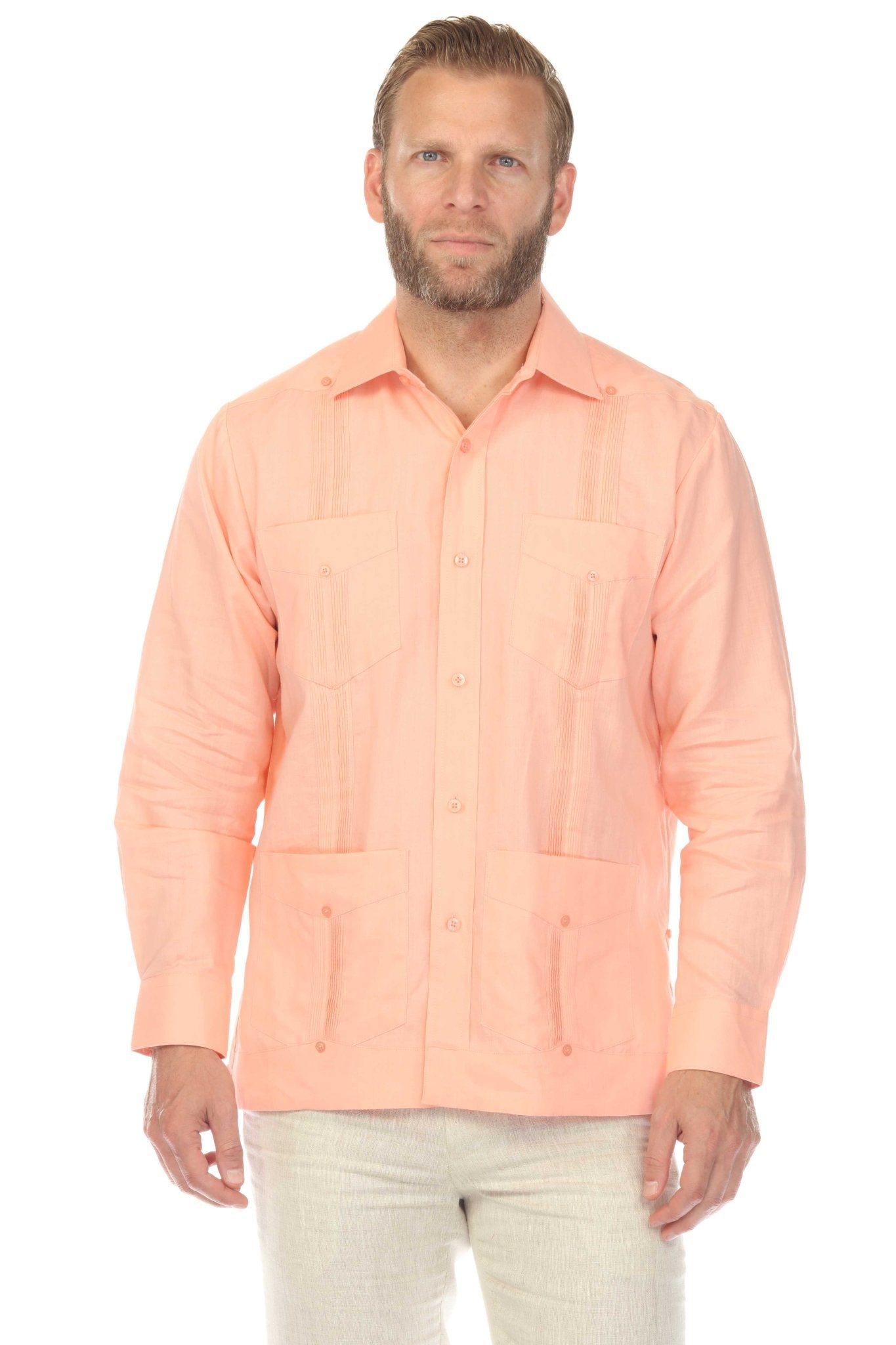 Men's 100% Linen Classic Four-Pocket Long Sleeve Guayabera Shirt