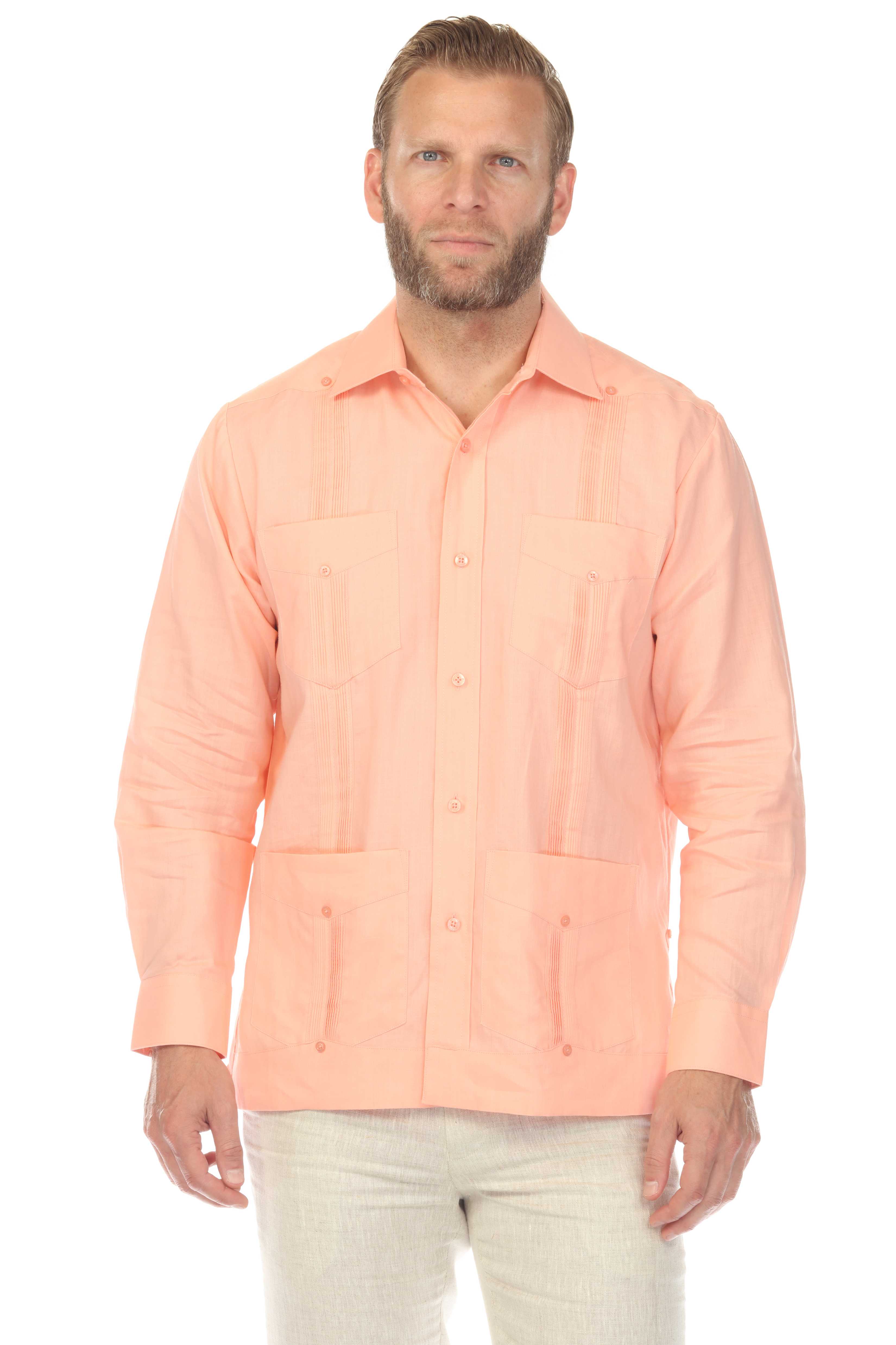 Men's 100% Linen Classic Four-Pocket Long Sleeve Guayabera Shirt