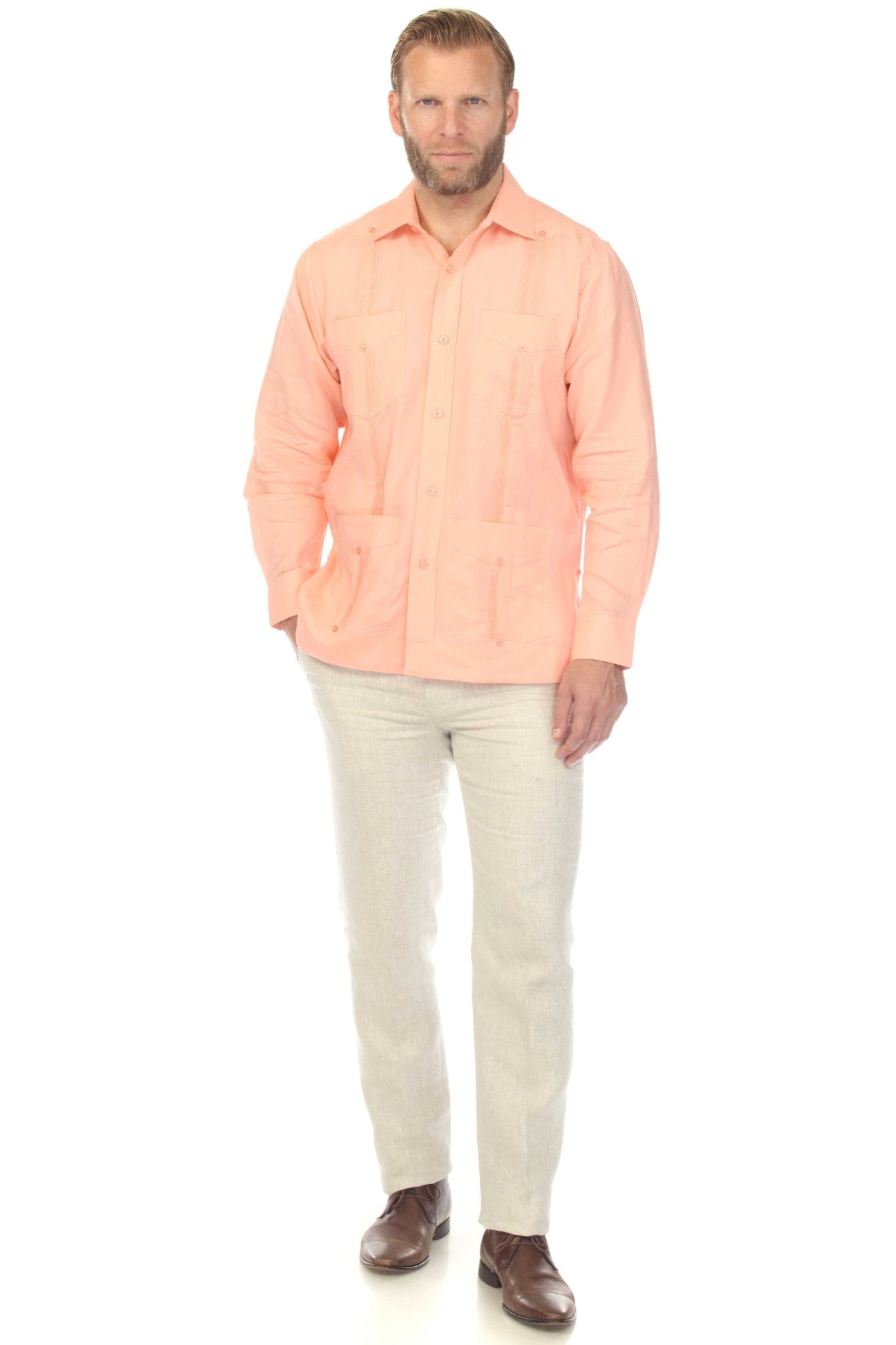 Men's 100% Linen Classic Four-Pocket Long Sleeve Guayabera Shirt