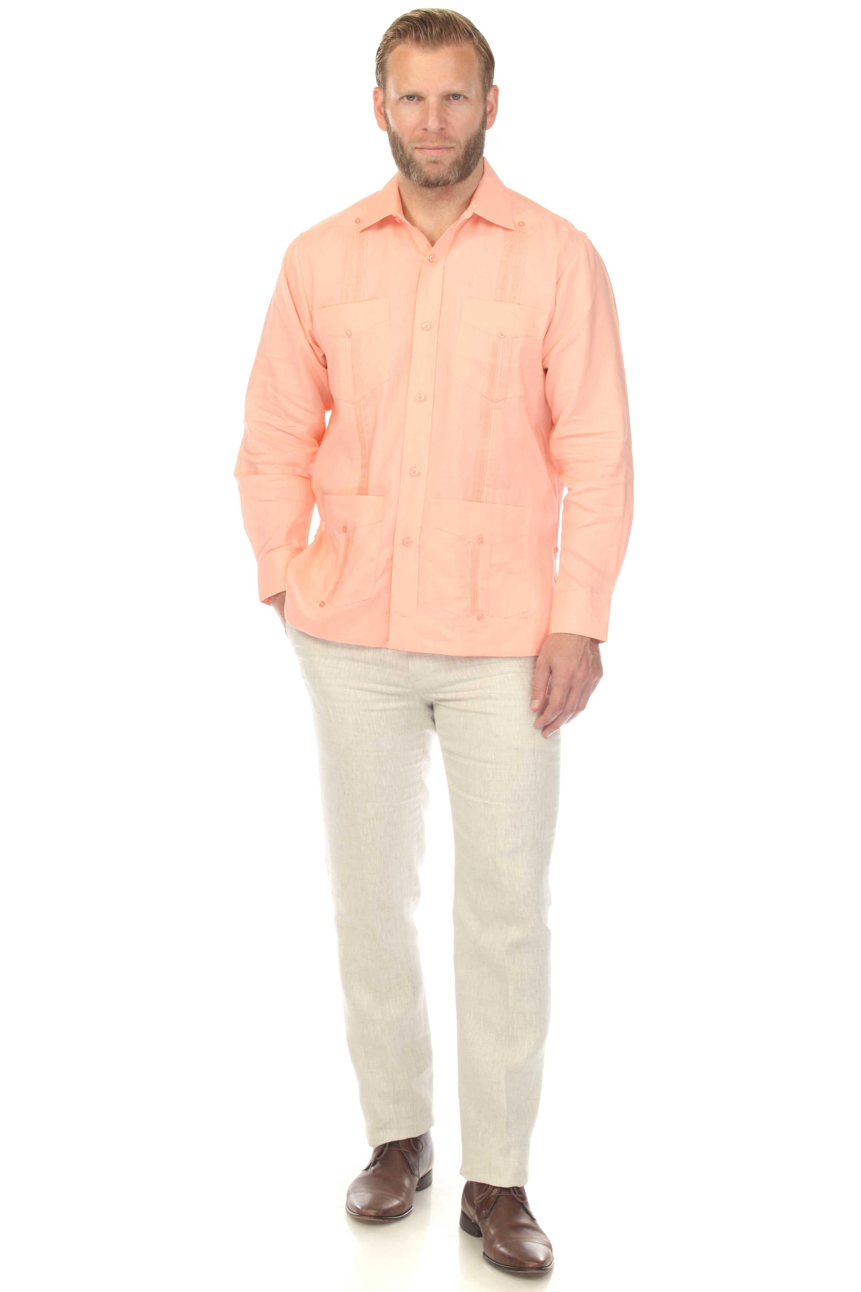 Men's 100% Linen Classic Four-Pocket Long Sleeve Guayabera Shirt