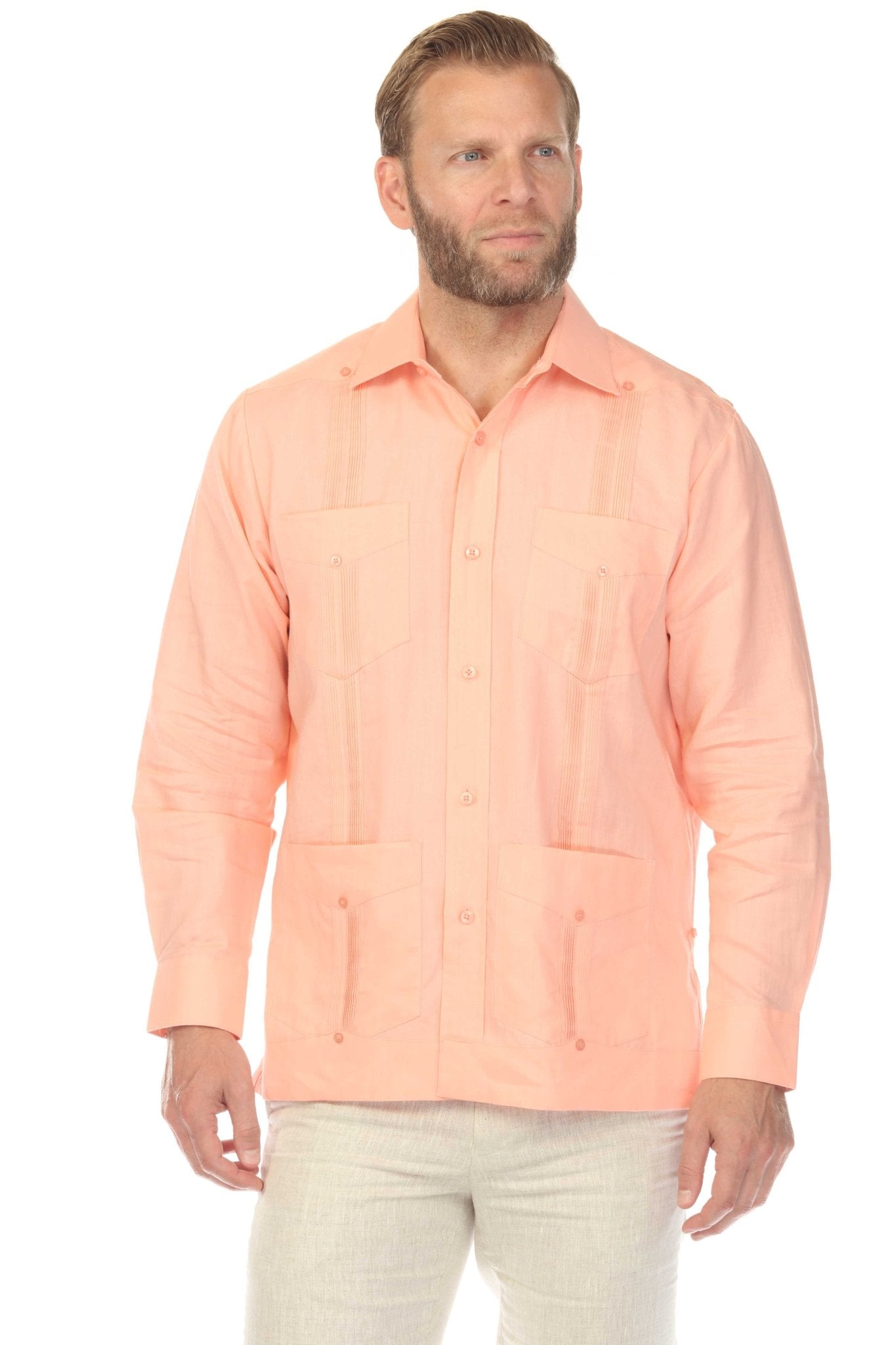 Men's 100% Linen Classic Four-Pocket Long Sleeve Guayabera Shirt