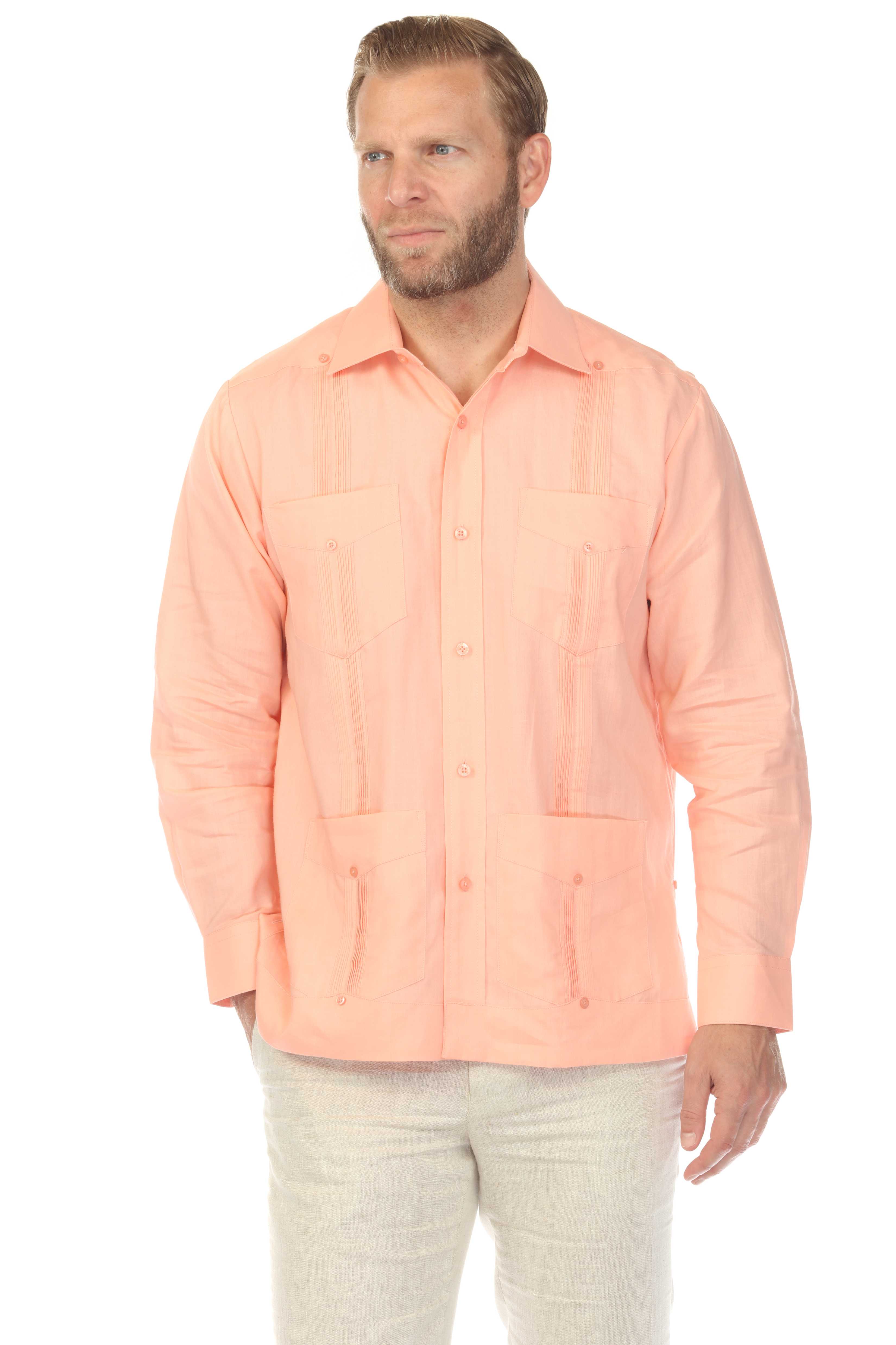Camisa guayabera de manga larga con cuatro bolsillos para hombre, 100 % lino
