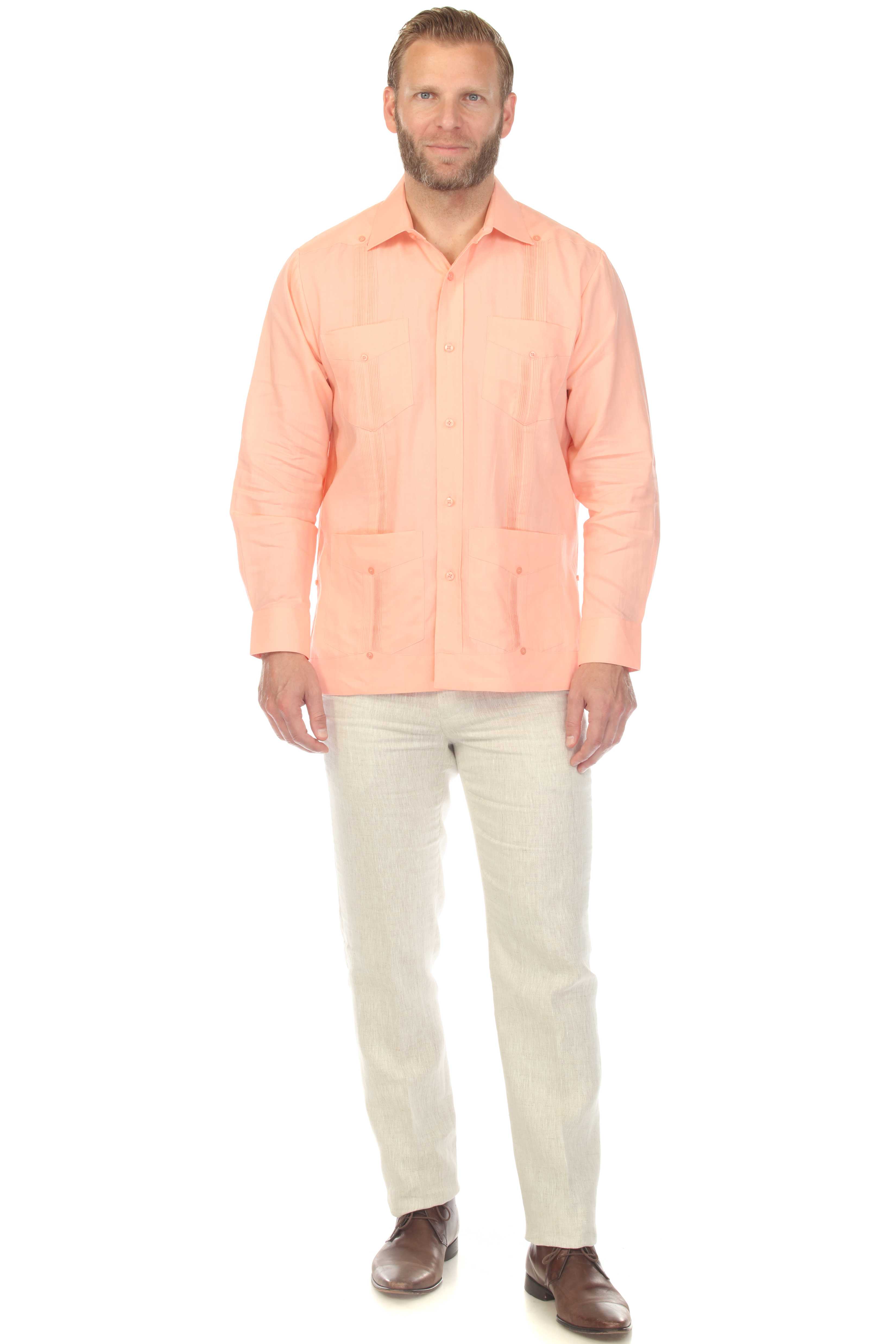 Men's 100% Linen Classic Four-Pocket Long Sleeve Guayabera Shirt