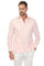 Front view of a man wearing a pink Men's Linen Classic Four-Pocket Long Sleeve Guayabera Shirt with white pants.