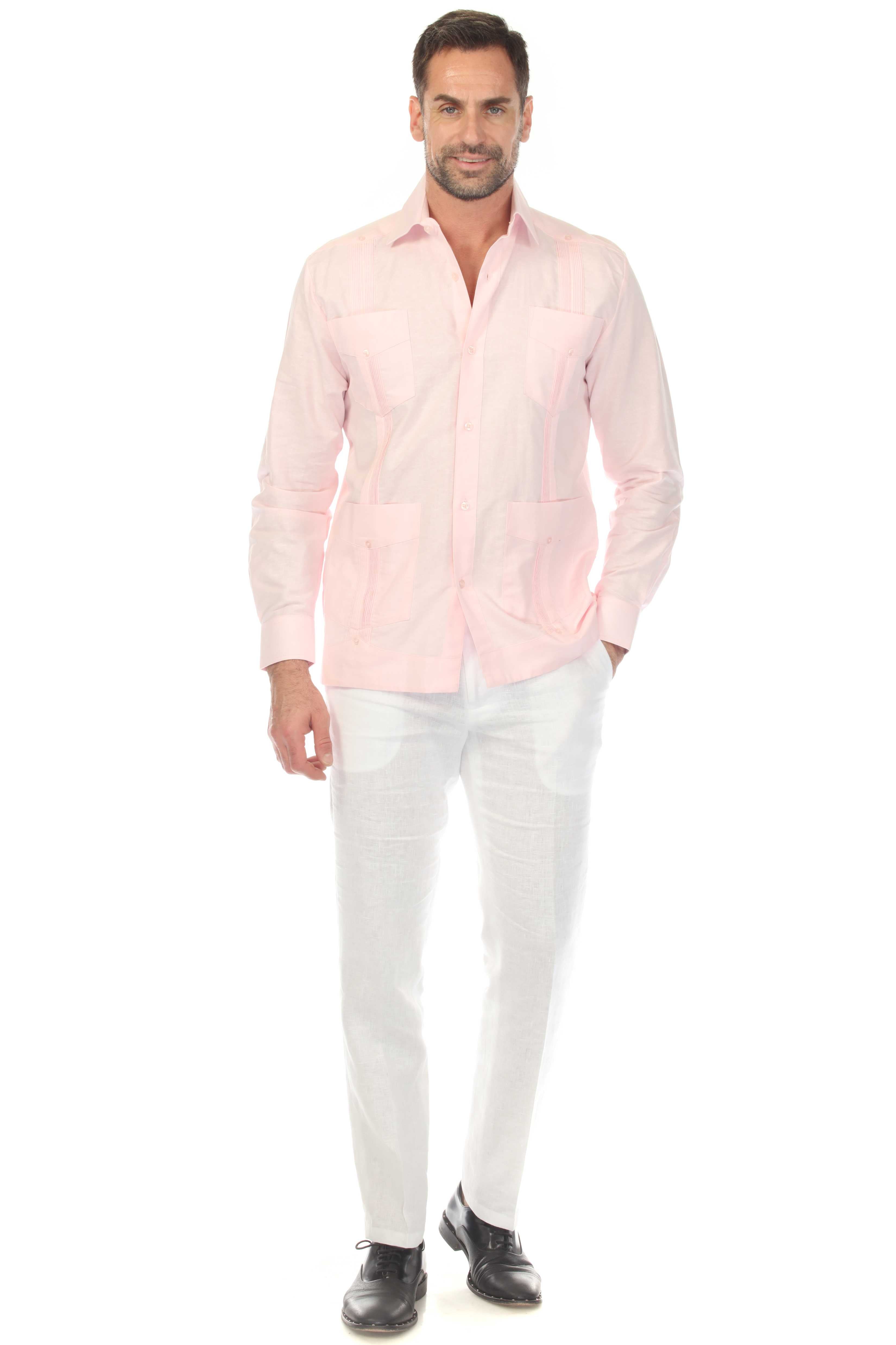 Men's 100% Linen Classic Four-Pocket Long Sleeve Guayabera Shirt