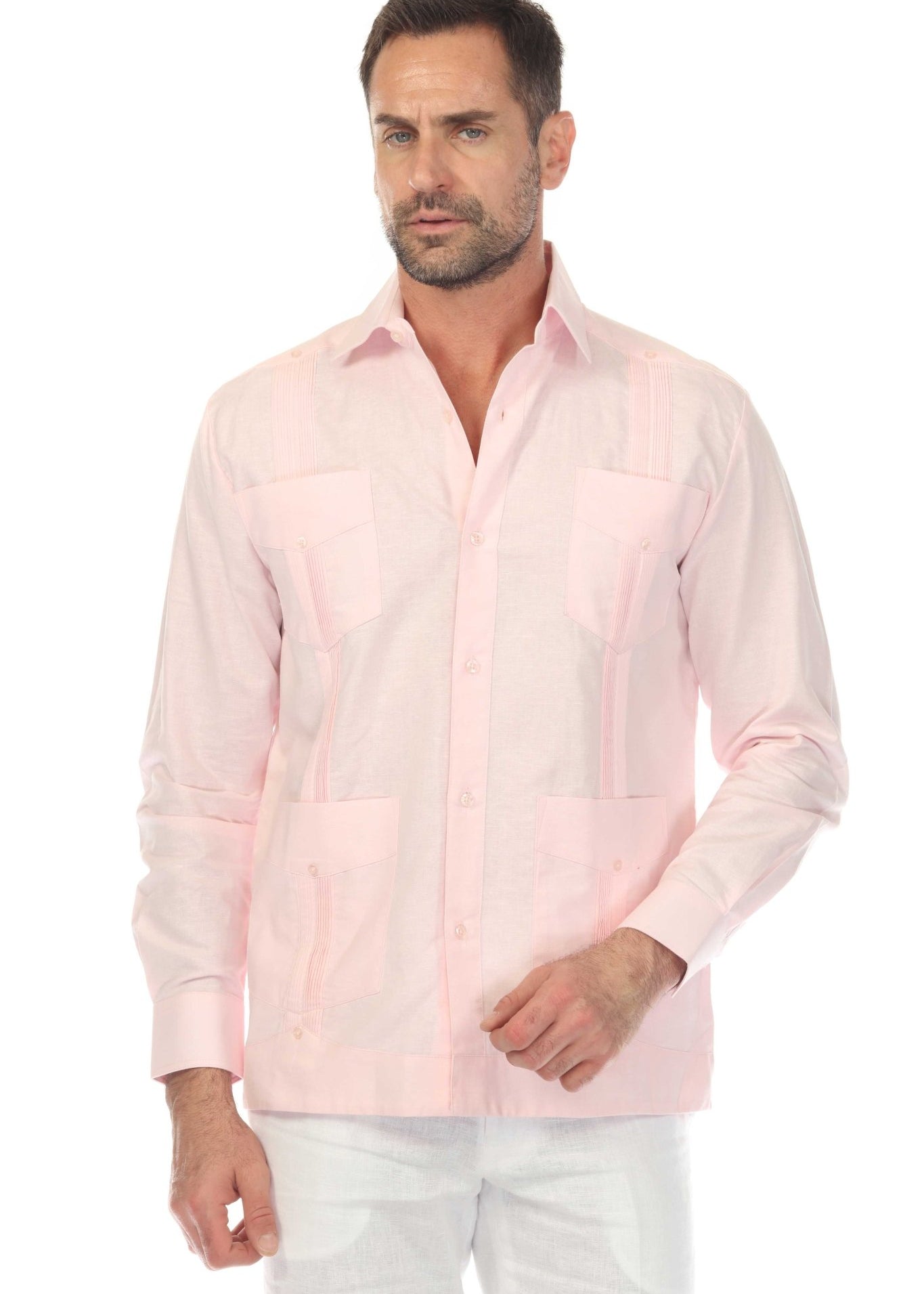 Front view of a man wearing a pink Men's Linen Classic Four-Pocket Long Sleeve Guayabera Shirt.
