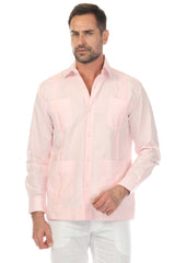 Camisa guayabera de manga larga con cuatro bolsillos para hombre, 100 % lino