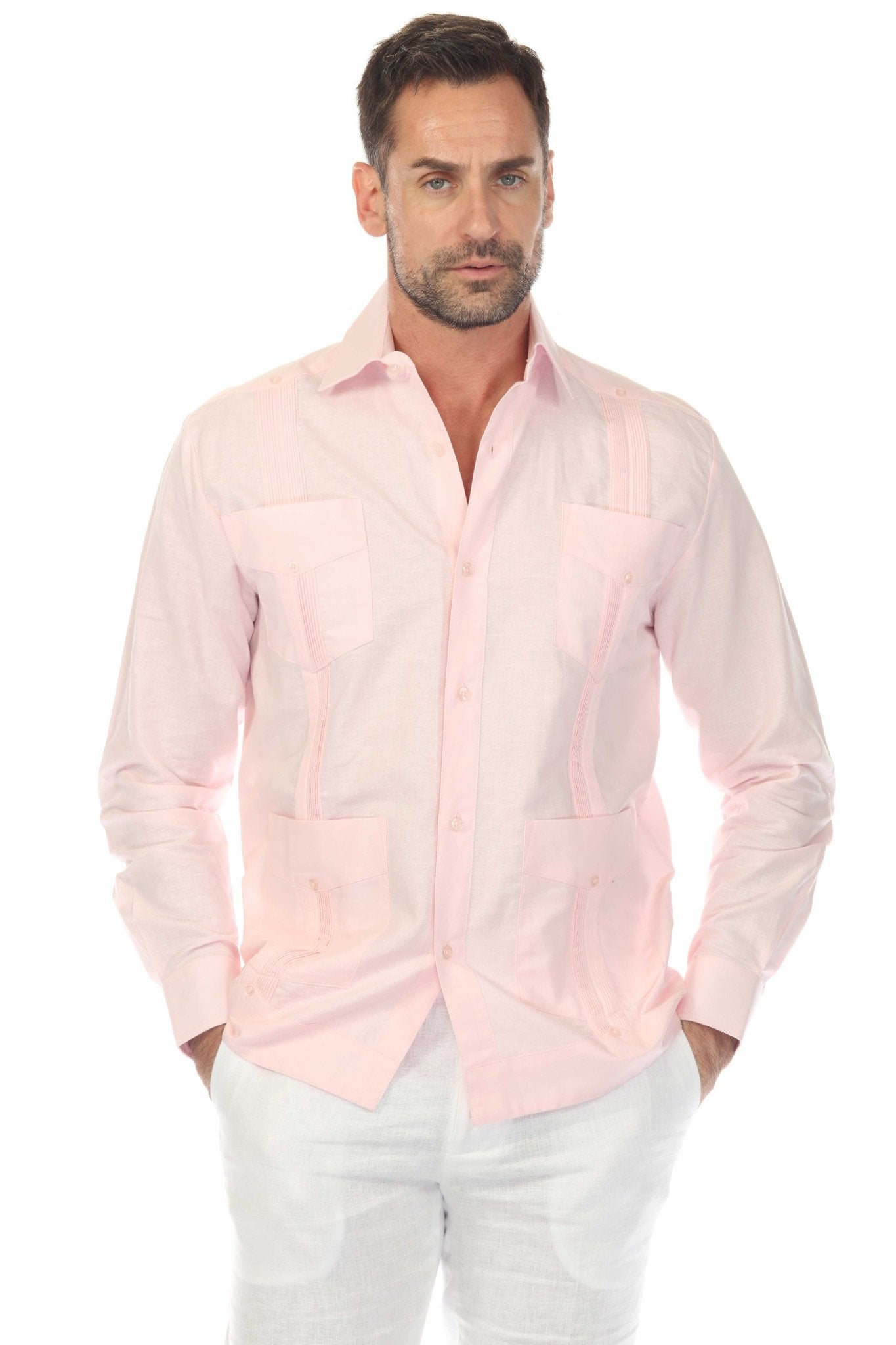 Men's 100% Linen Classic Four-Pocket Long Sleeve Guayabera Shirt