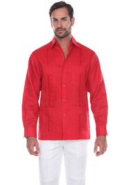 Front view of a man wearing a red Men's Linen Classic Four-Pocket Long Sleeve Guayabera Shirt.