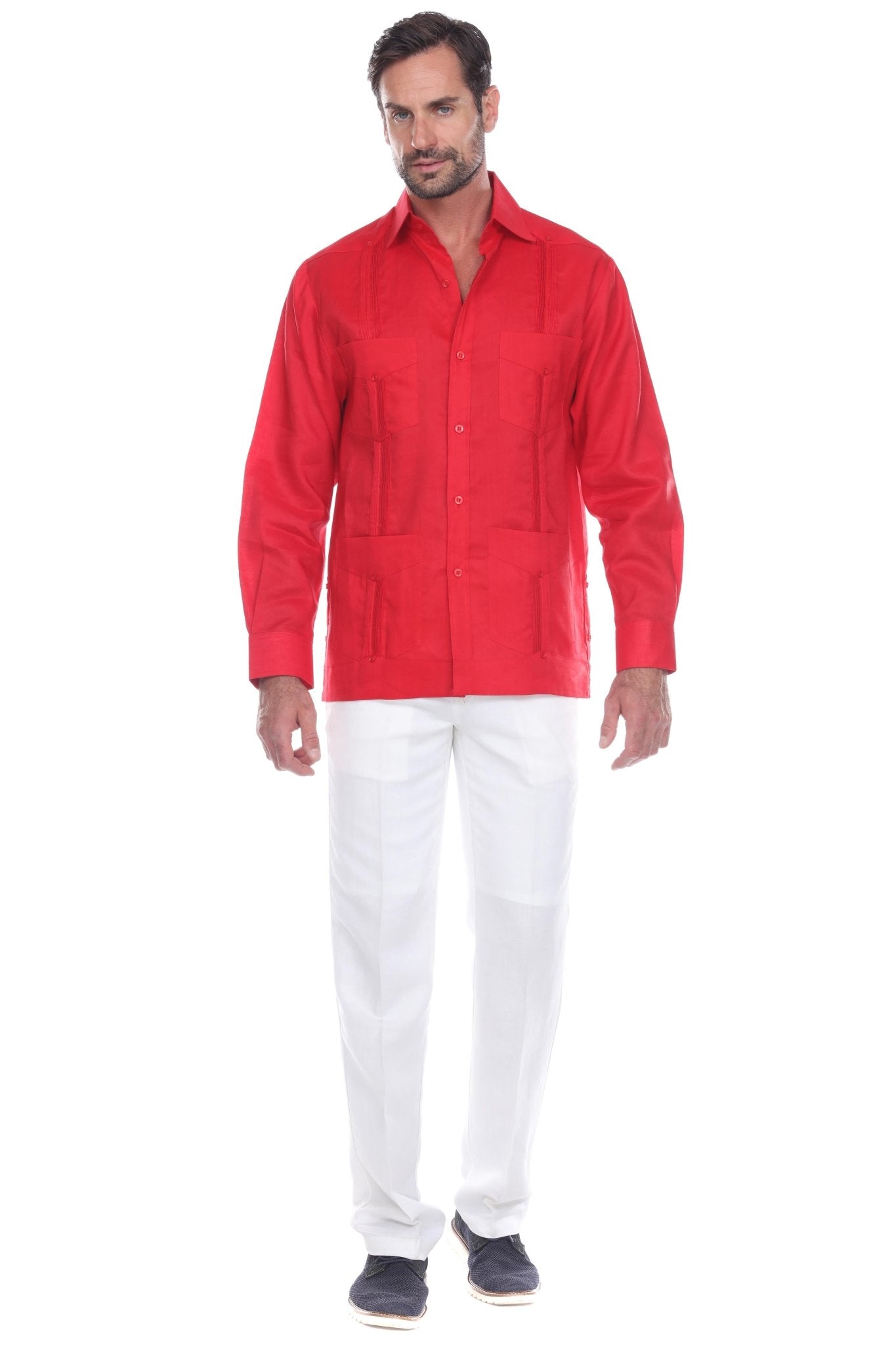 Men's 100% Linen Classic Four-Pocket Long Sleeve Guayabera Shirt