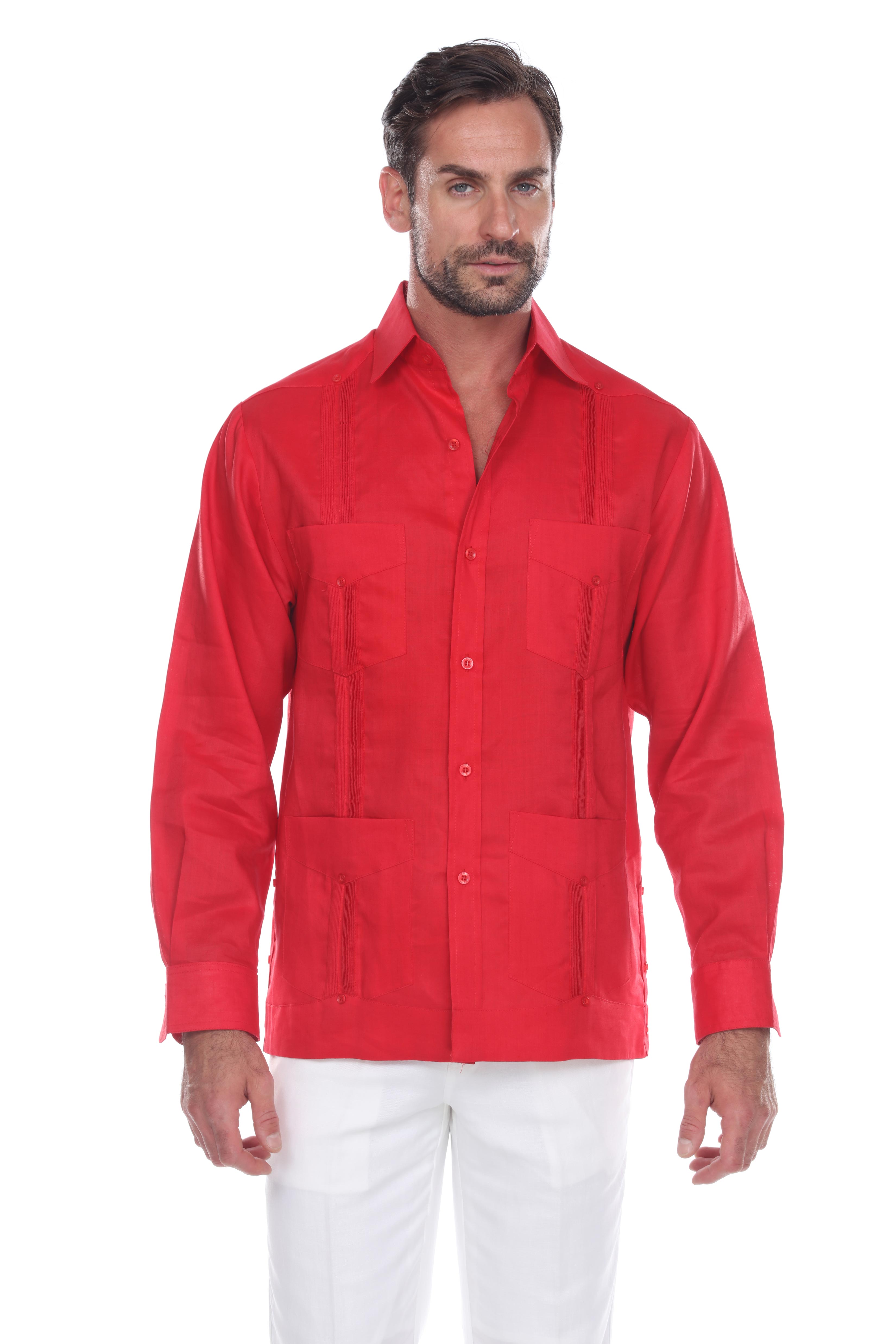 Men's Plus Size 100% Linen Classic Four-Pocket Long Sleeve Guayabera Shirt