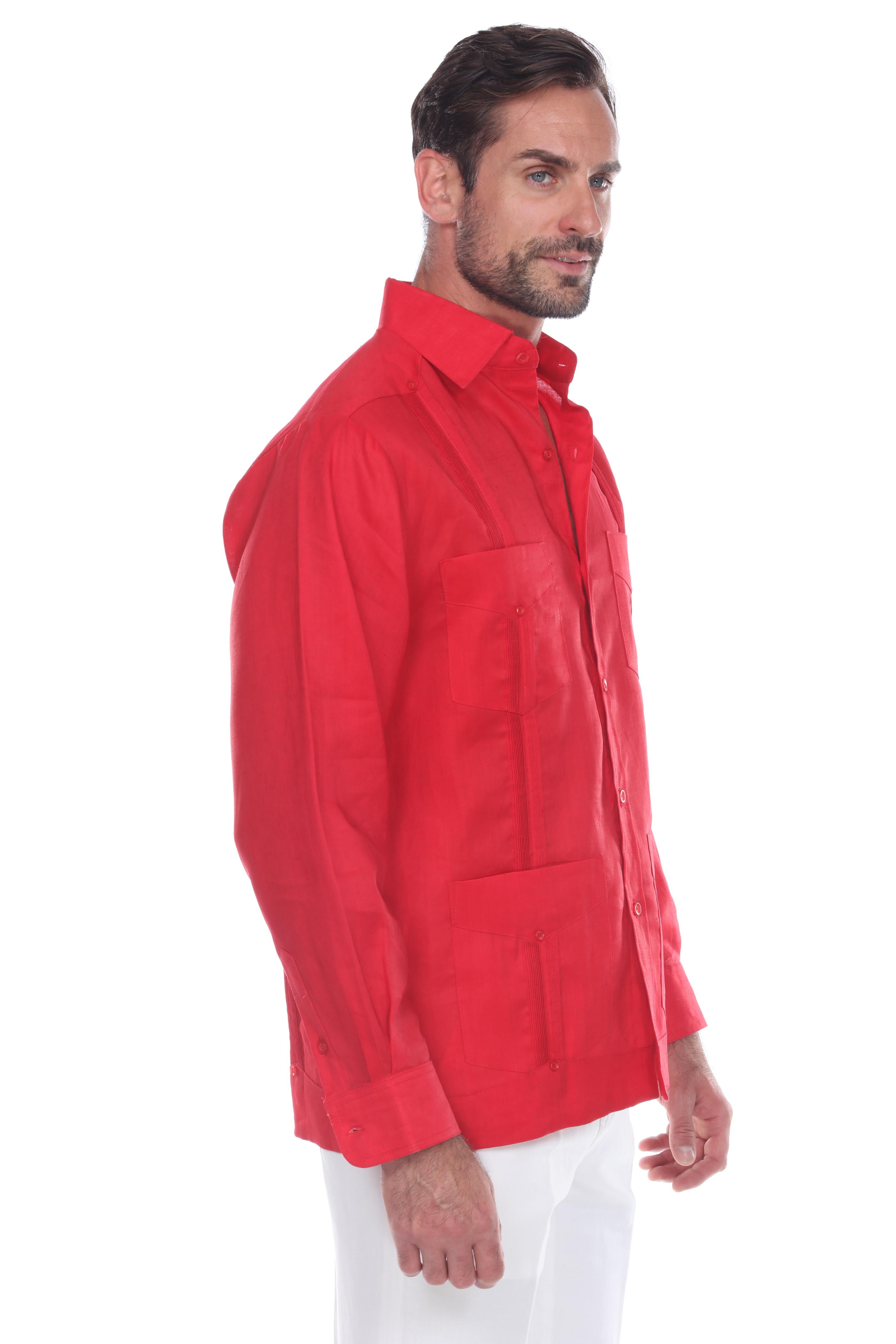 Men's 100% Linen Classic Four-Pocket Long Sleeve Guayabera Shirt