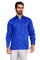 Front view of a man wearing a blue Men’s Plus Size Guayabera Shirt with long sleeves and four pockets.