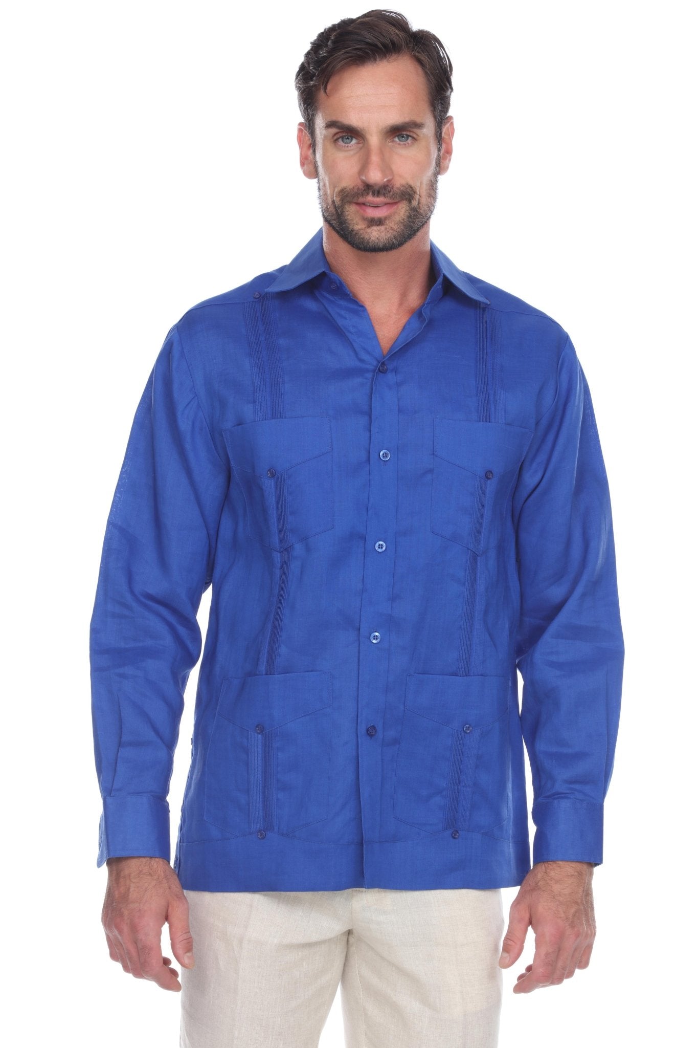 Men's 100% Linen Classic Four-Pocket Long Sleeve Guayabera Shirt