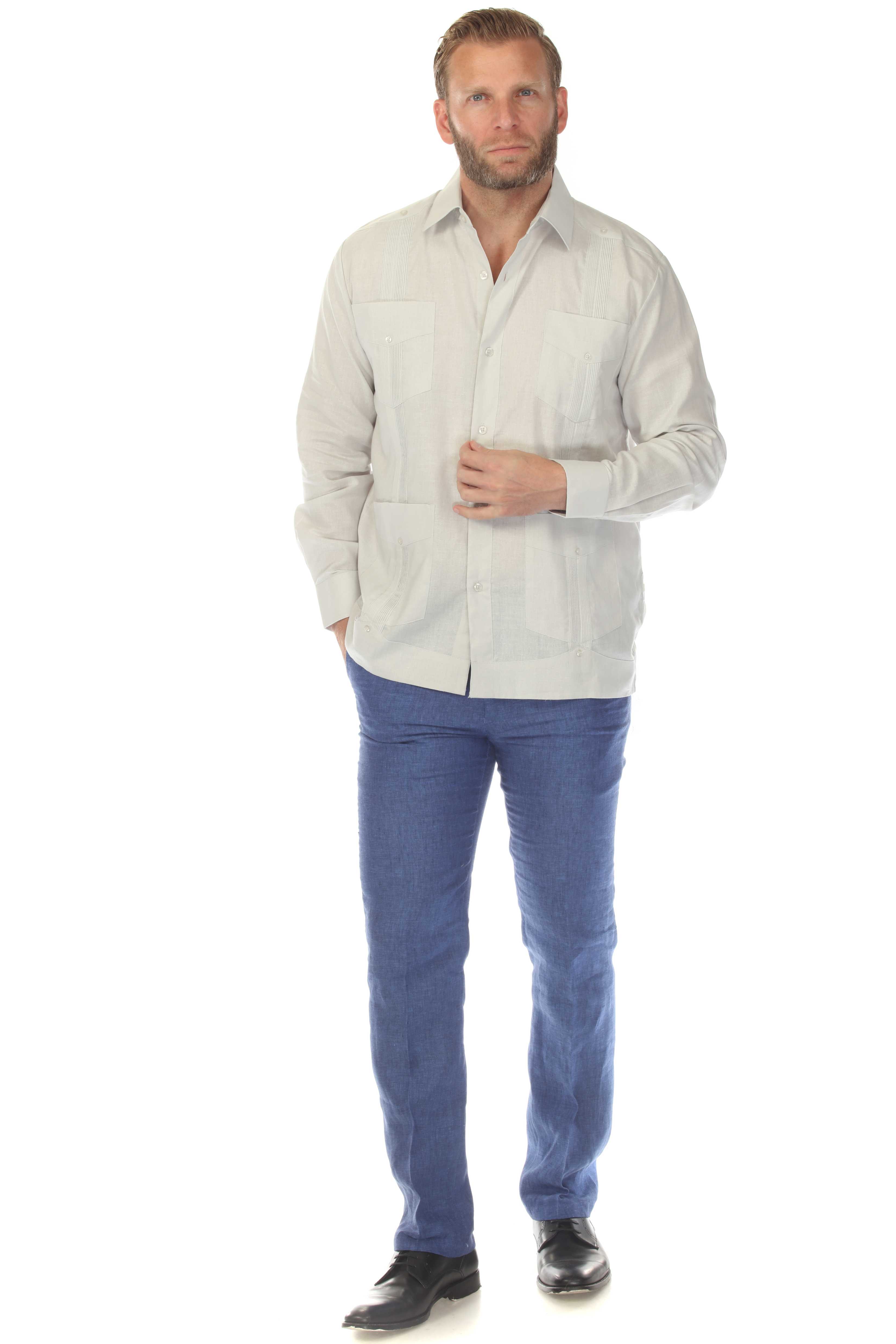 Men's 100% Linen Classic Four-Pocket Long Sleeve Guayabera Shirt