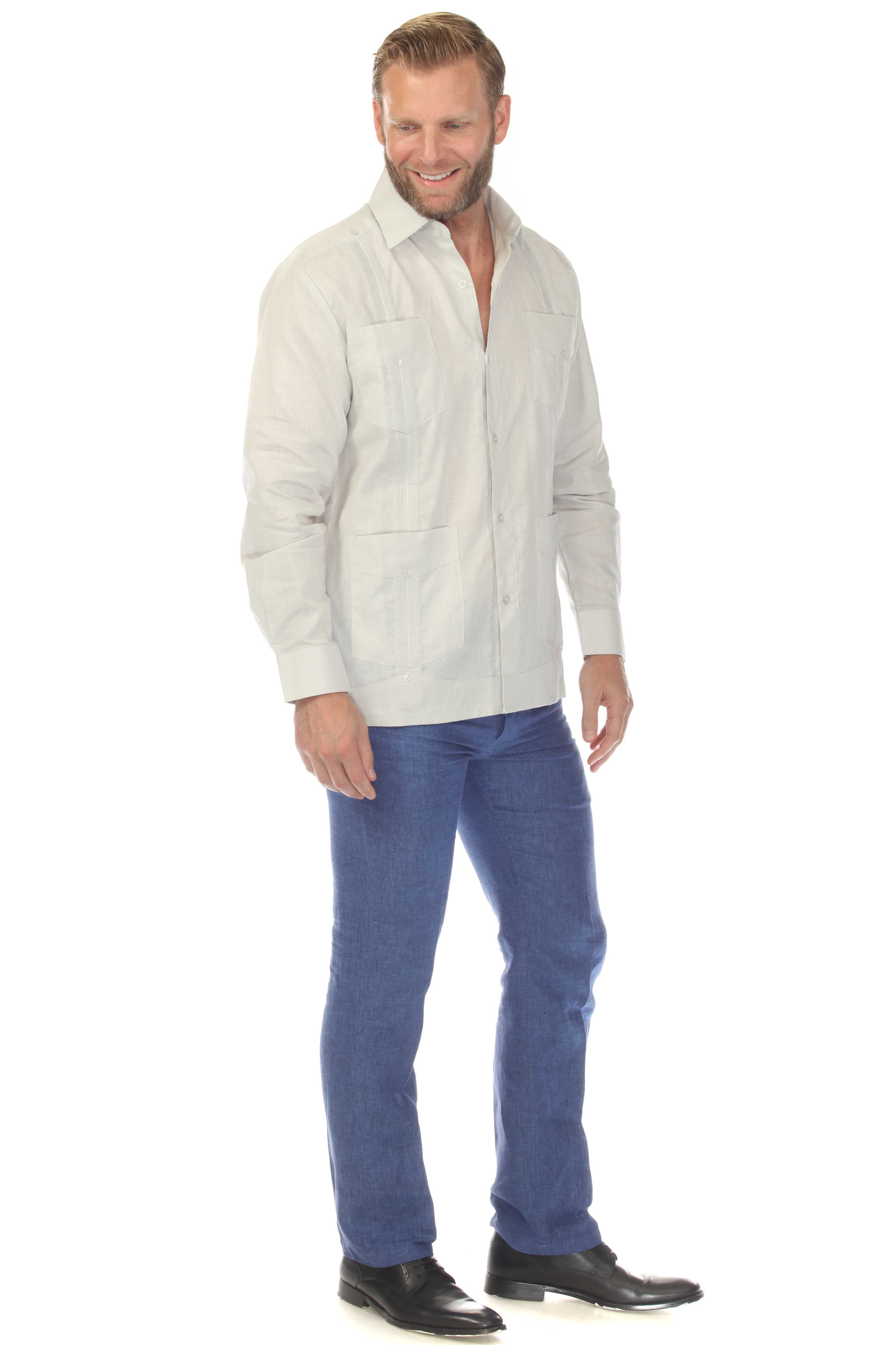 Men's 100% Linen Classic Four-Pocket Long Sleeve Guayabera Shirt
