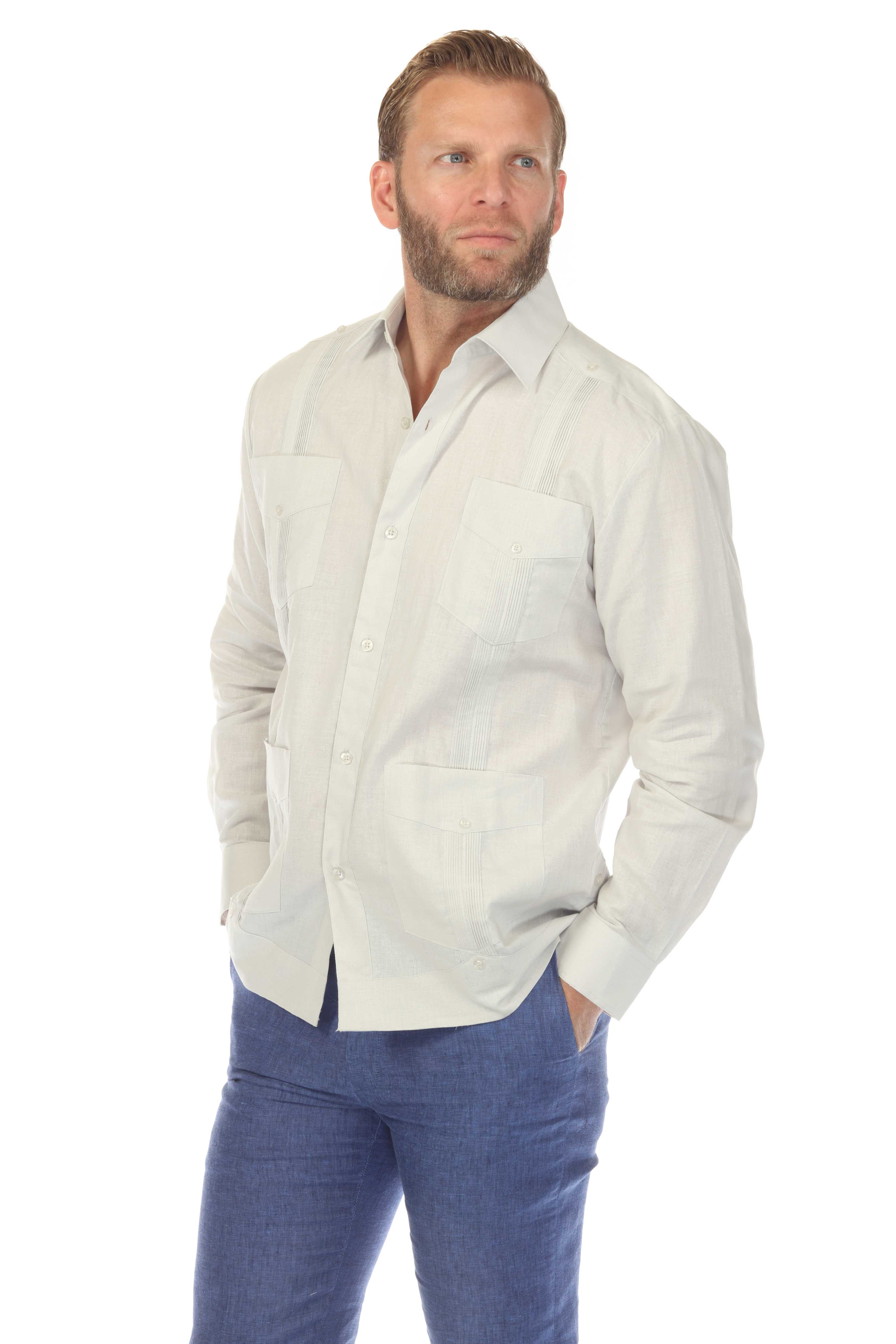 Men's 100% Linen Classic Four-Pocket Long Sleeve Guayabera Shirt