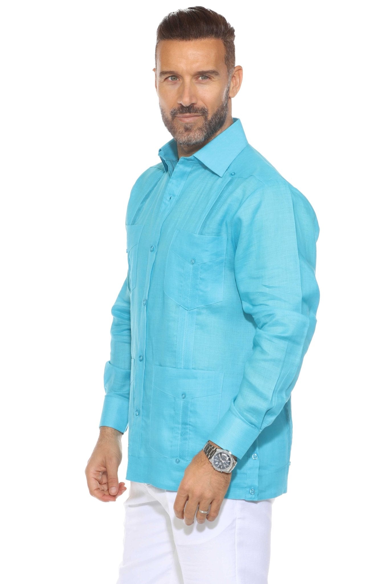 Men's 100% Linen Classic Four-Pocket Long Sleeve Guayabera Shirt