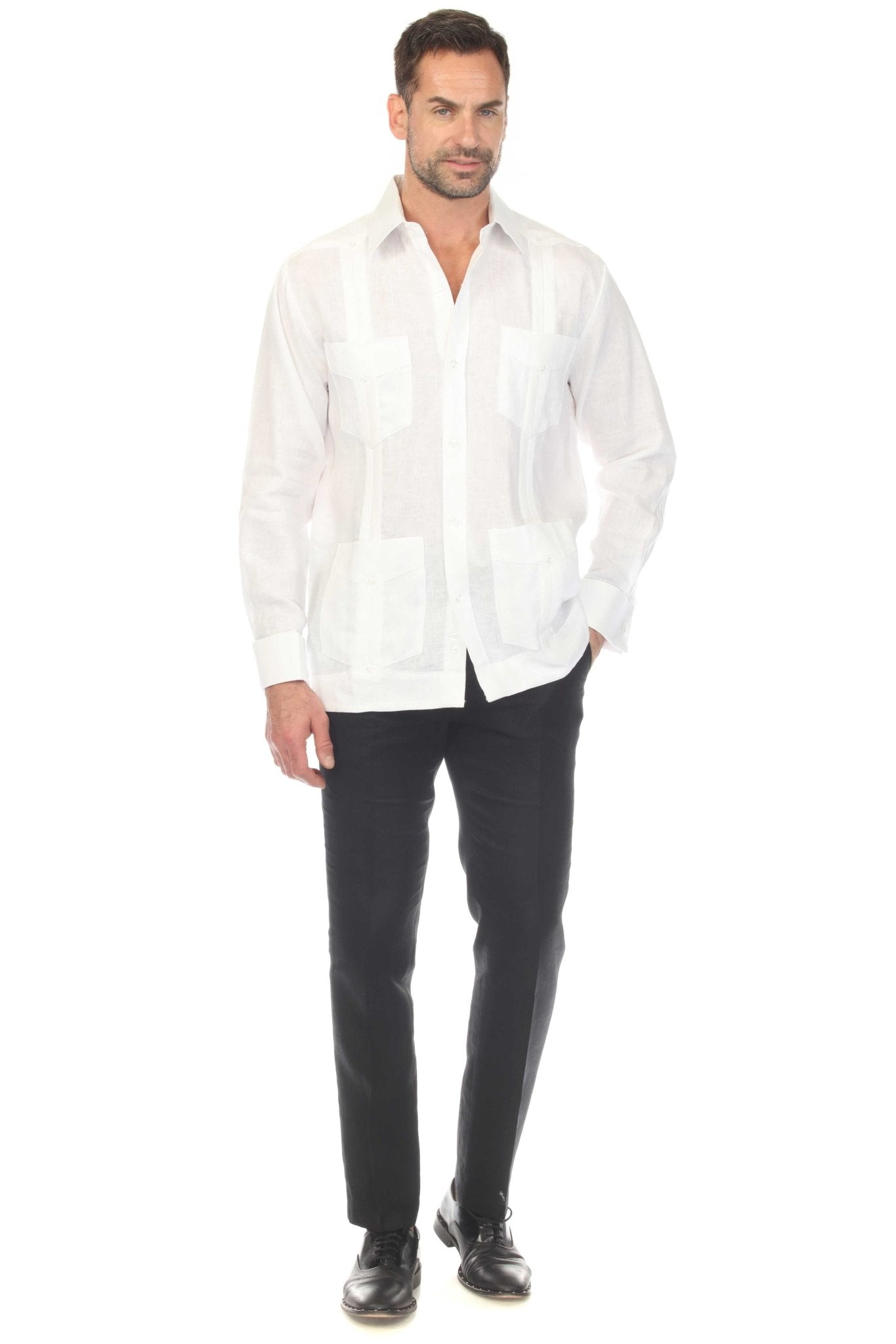 Front view of a man wearing a white Men's Linen Classic Four-Pocket Long Sleeve Guayabera Shirt.