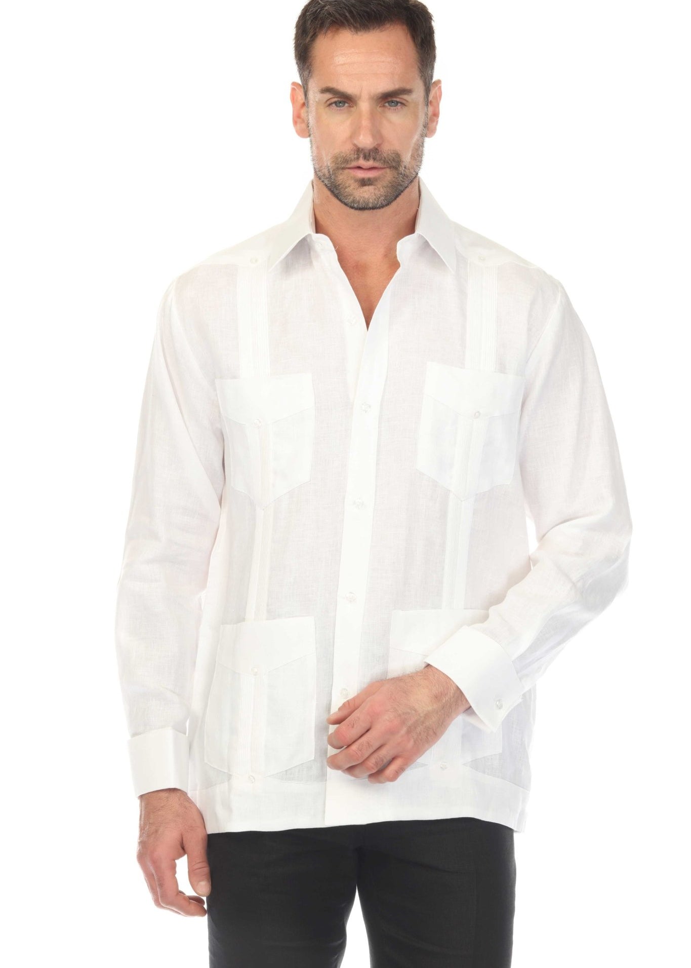 Front view of a man wearing a white Men's Linen Classic Four-Pocket Long Sleeve Guayabera Shirt.