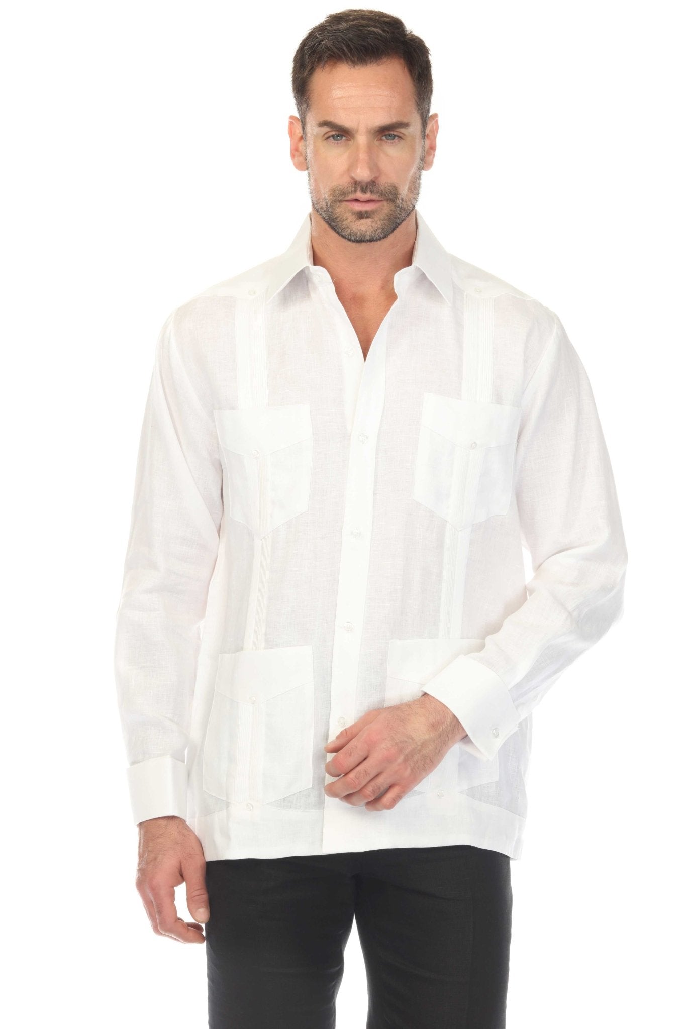 MojitoCollection Men's White 100% Linen Guayabera Shirt: Classic Long Sleeve Four-Pocket Style.