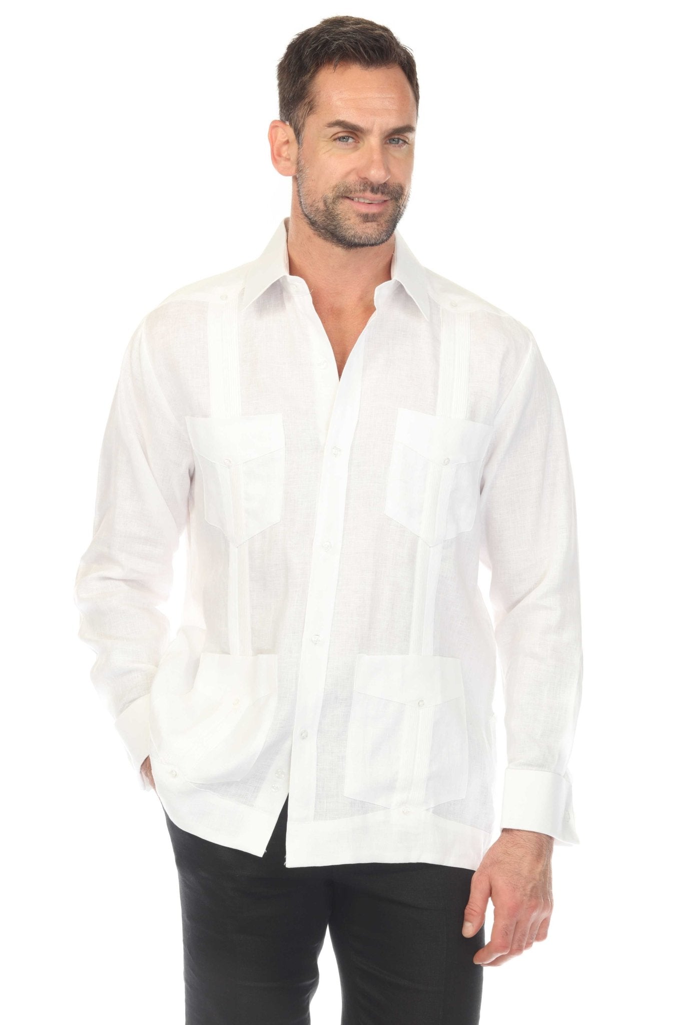 White 100% Linen Men's Guayabera by MojitoCollection: Long Sleeve Tropical Wedding Shirt with 4 Pockets.
