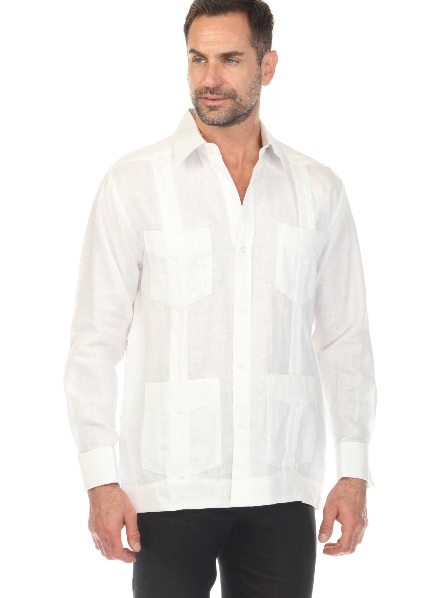 Front view of a man wearing a white Men's Linen Classic Four-Pocket Long Sleeve Guayabera Shirt and black pants.