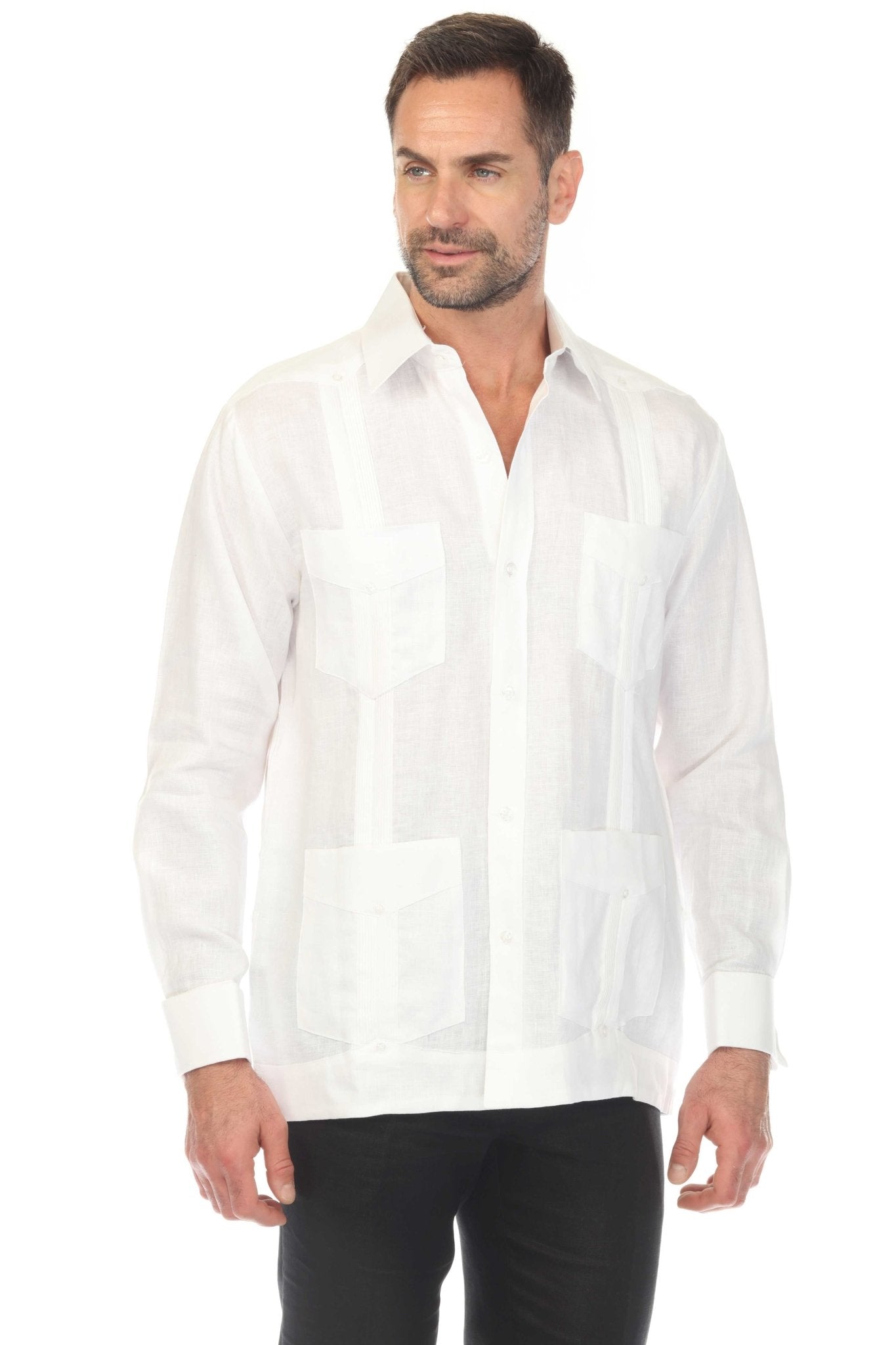 Front view of a man wearing a white Men's Linen Classic Four-Pocket Long Sleeve Guayabera Shirt and black pants.