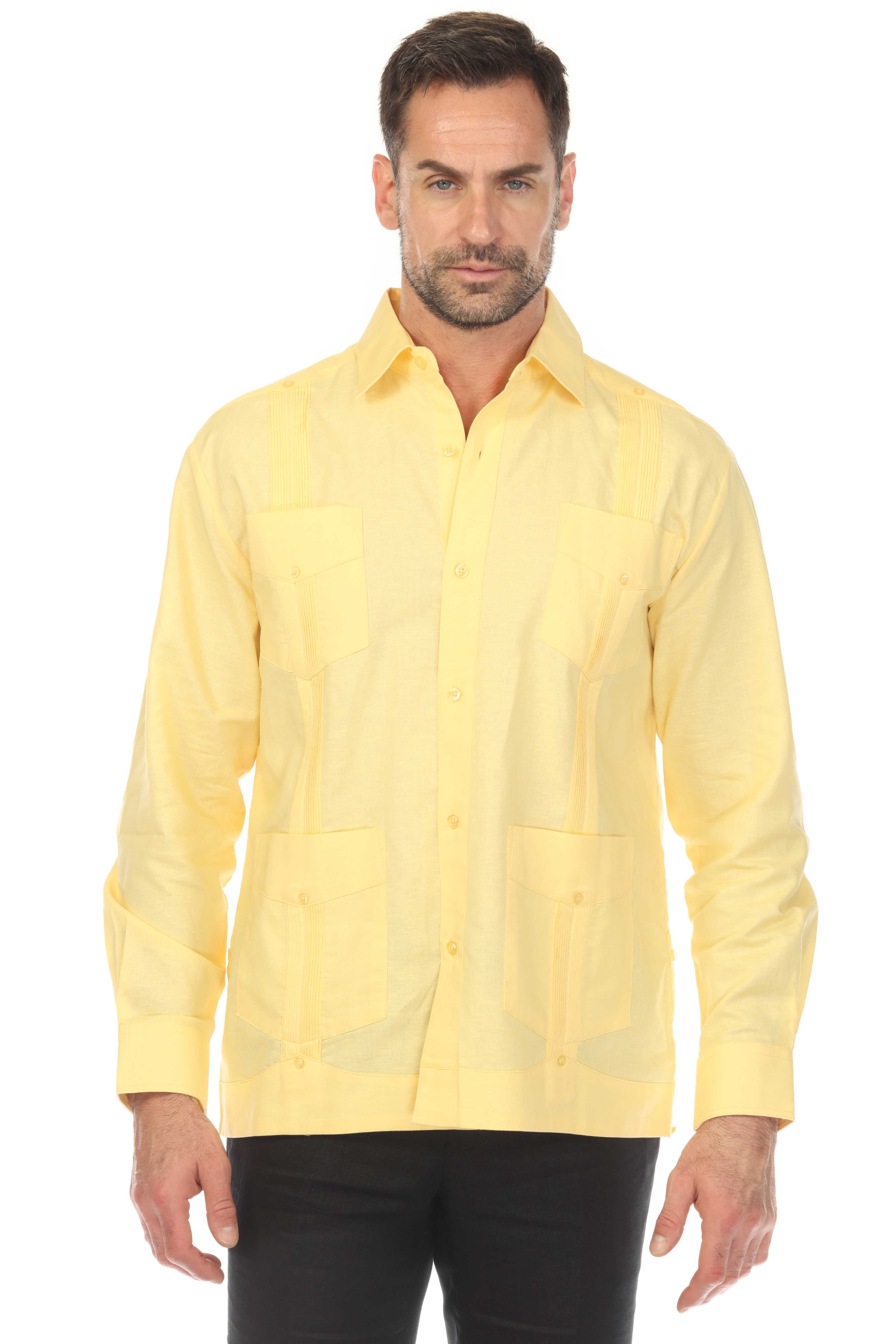 Camisa guayabera de manga larga con cuatro bolsillos para hombre, 100 % lino