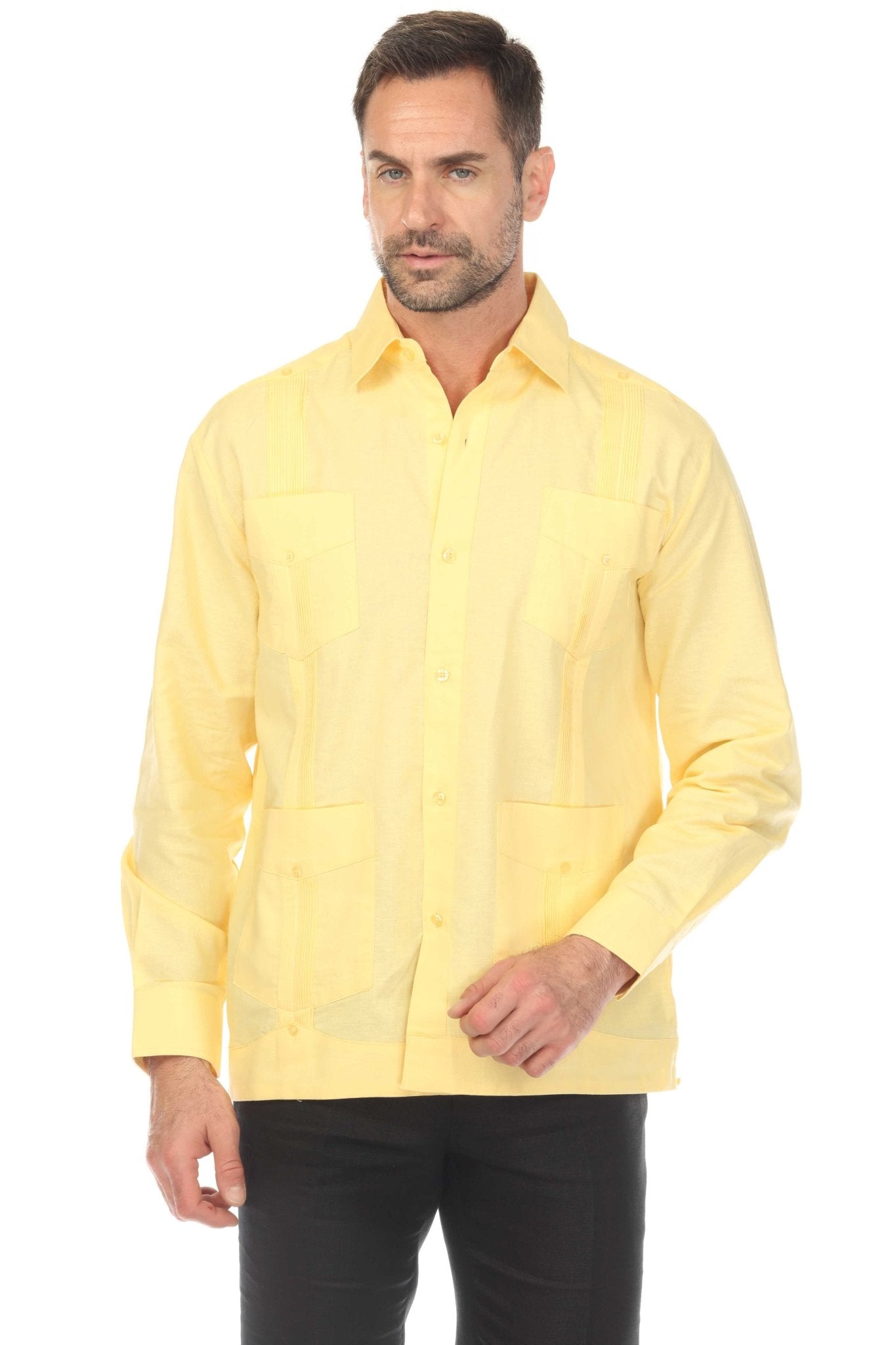【YELLOW】Leno cloth guayabera shirt Men's 100% Linen Guayabera Shirt Long Sleeve – Mojito Collection