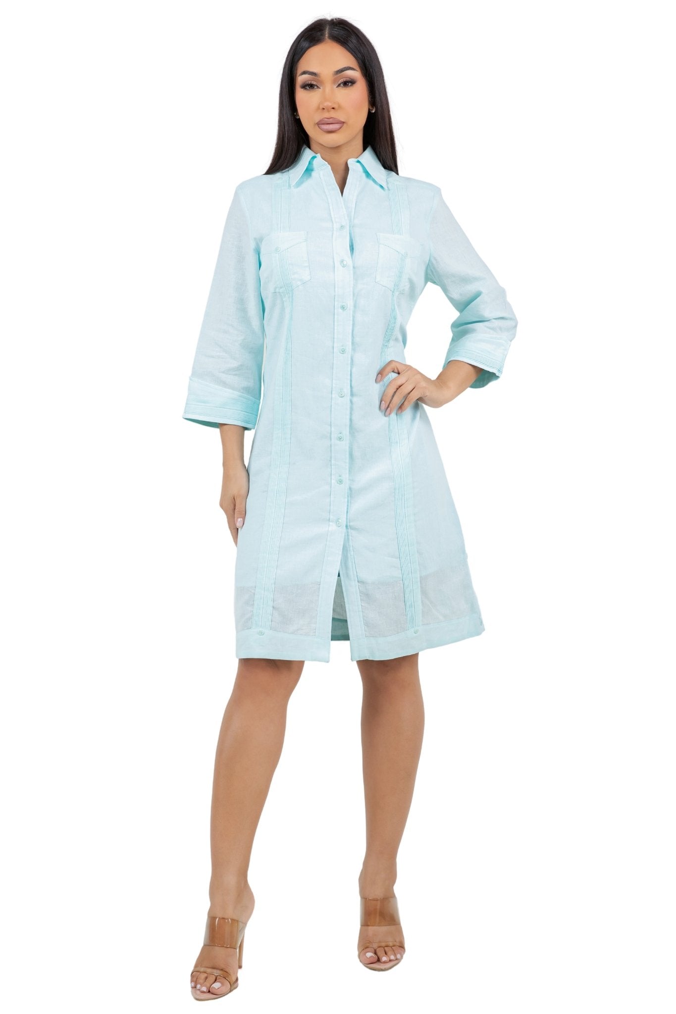 Women's 3/4 Sleeve Two-Pocket Guayabera Dress Button Down