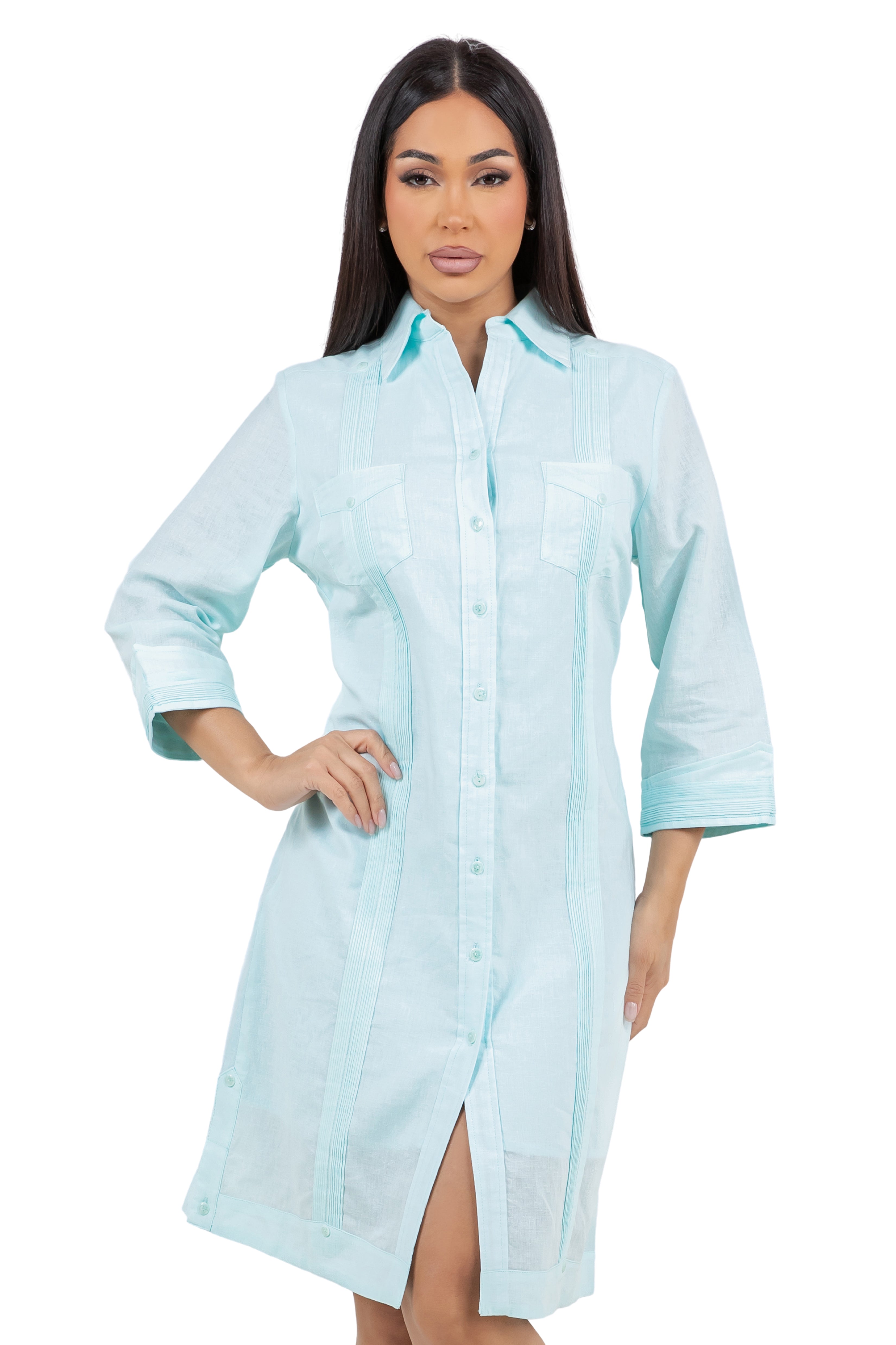 Mojito Women's Guayabera Dress Classic Style Linen Blend 3/4 Sleeve and Button Down