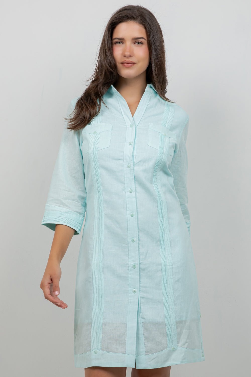 guayabera dress Women's Linen Cotton Guayabera Shirt Dress 3/4 Sleeve X-Large / ROYAL