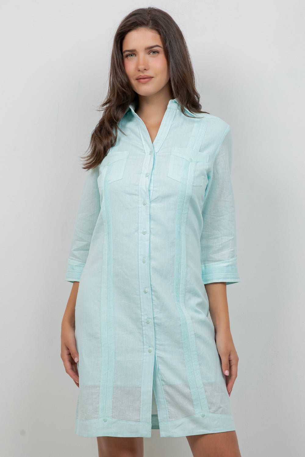 Women's Linen Cotton Guayabera Shirt Dress 3/4 Sleeve Large / White