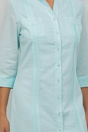 Camisa Guayabera de Vestir para Mujer Manga 3/4 con 4 Bolsillos y Botones