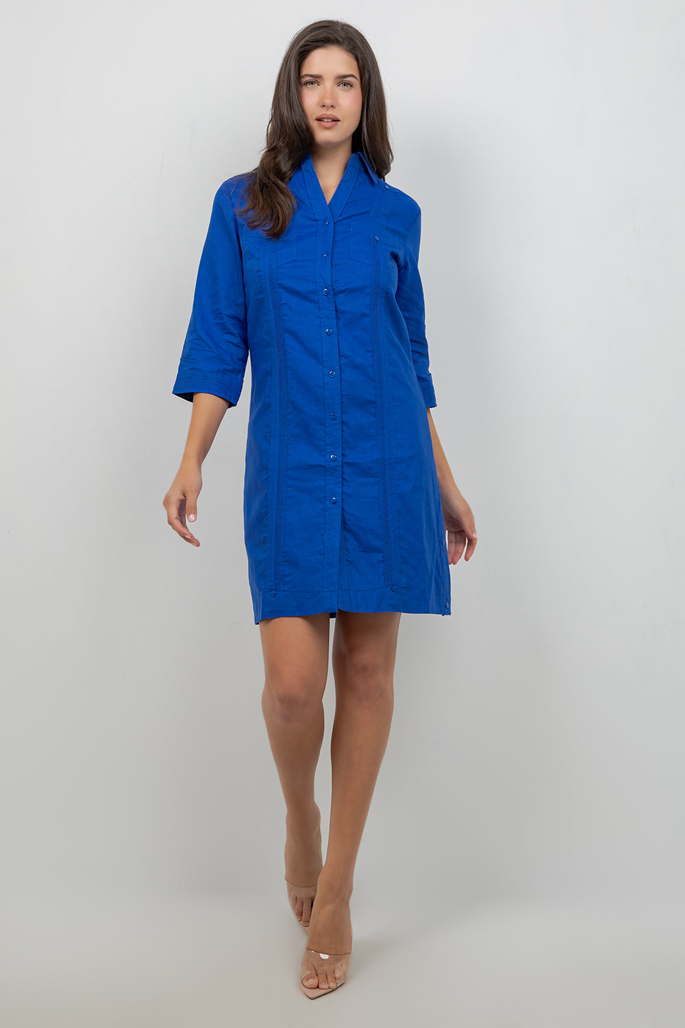 Women's Linen Cotton Guayabera Shirt Dress 3/4 Sleeve Large / White