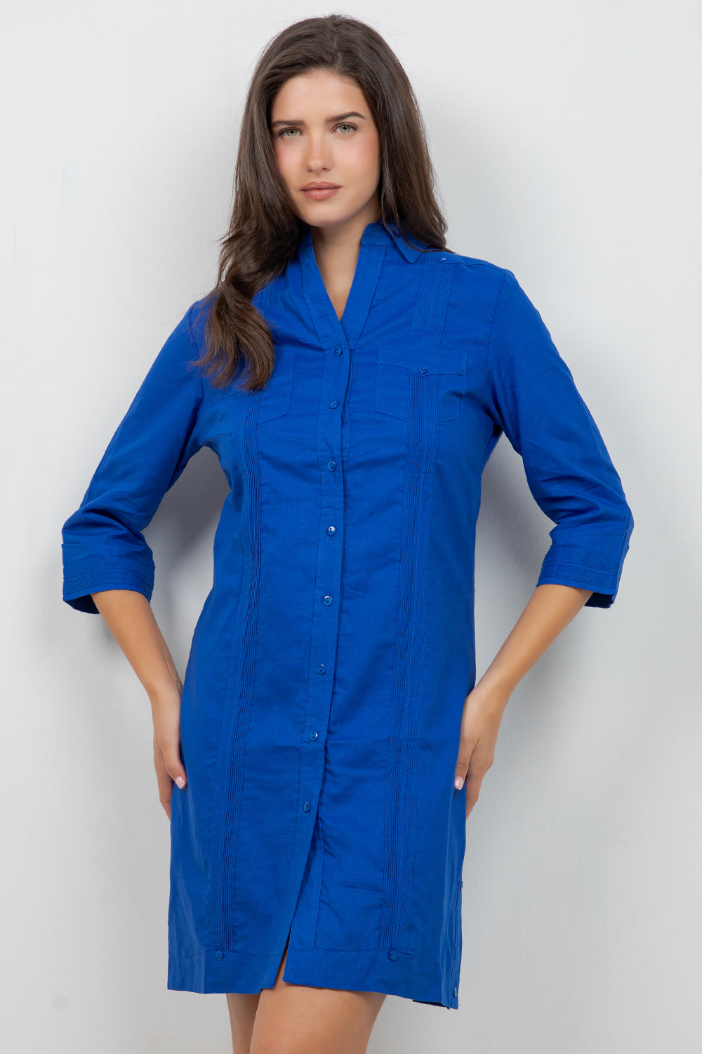 Camisa Guayabera de Vestir para Mujer Manga 3/4 con 4 Bolsillos y Botones