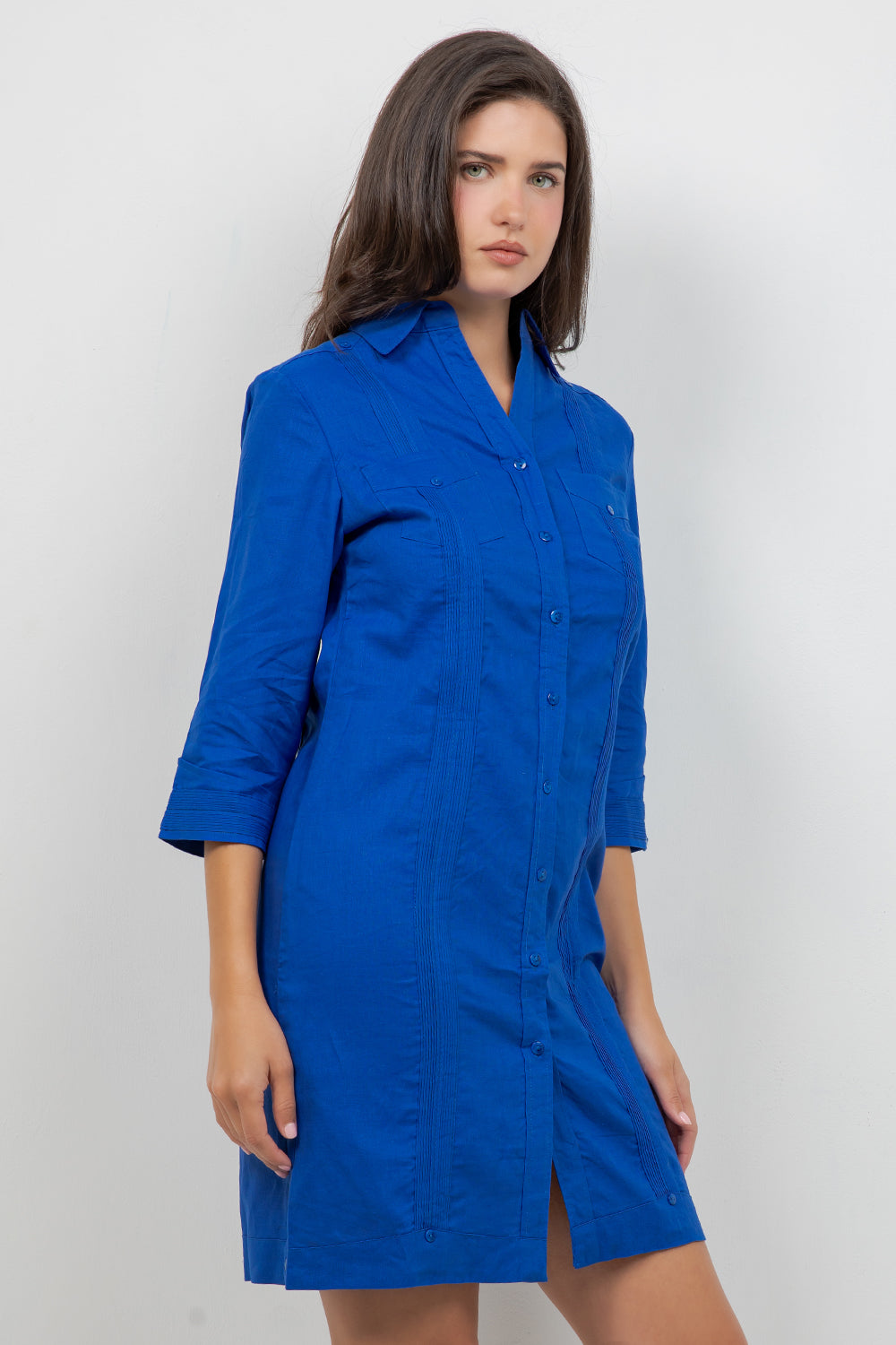 Camisa Guayabera de Vestir para Mujer Manga 3/4 con 4 Bolsillos y Botones