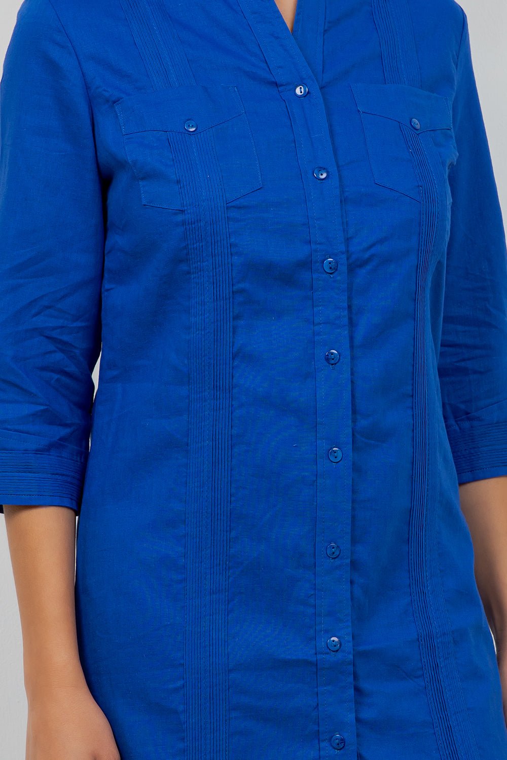 Camisa Guayabera de Vestir para Mujer Manga 3/4 con 4 Bolsillos y Botones