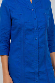 Camisa Guayabera de Vestir para Mujer Manga 3/4 con 4 Bolsillos y Botones